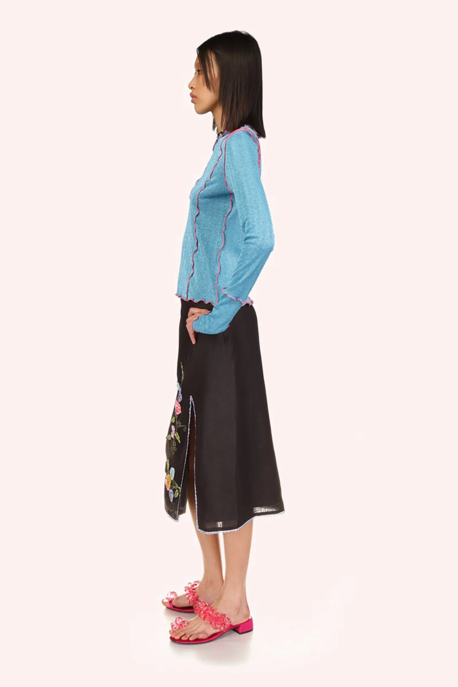 3-D Pansy Embroidered on Linen Skirt - Image 3