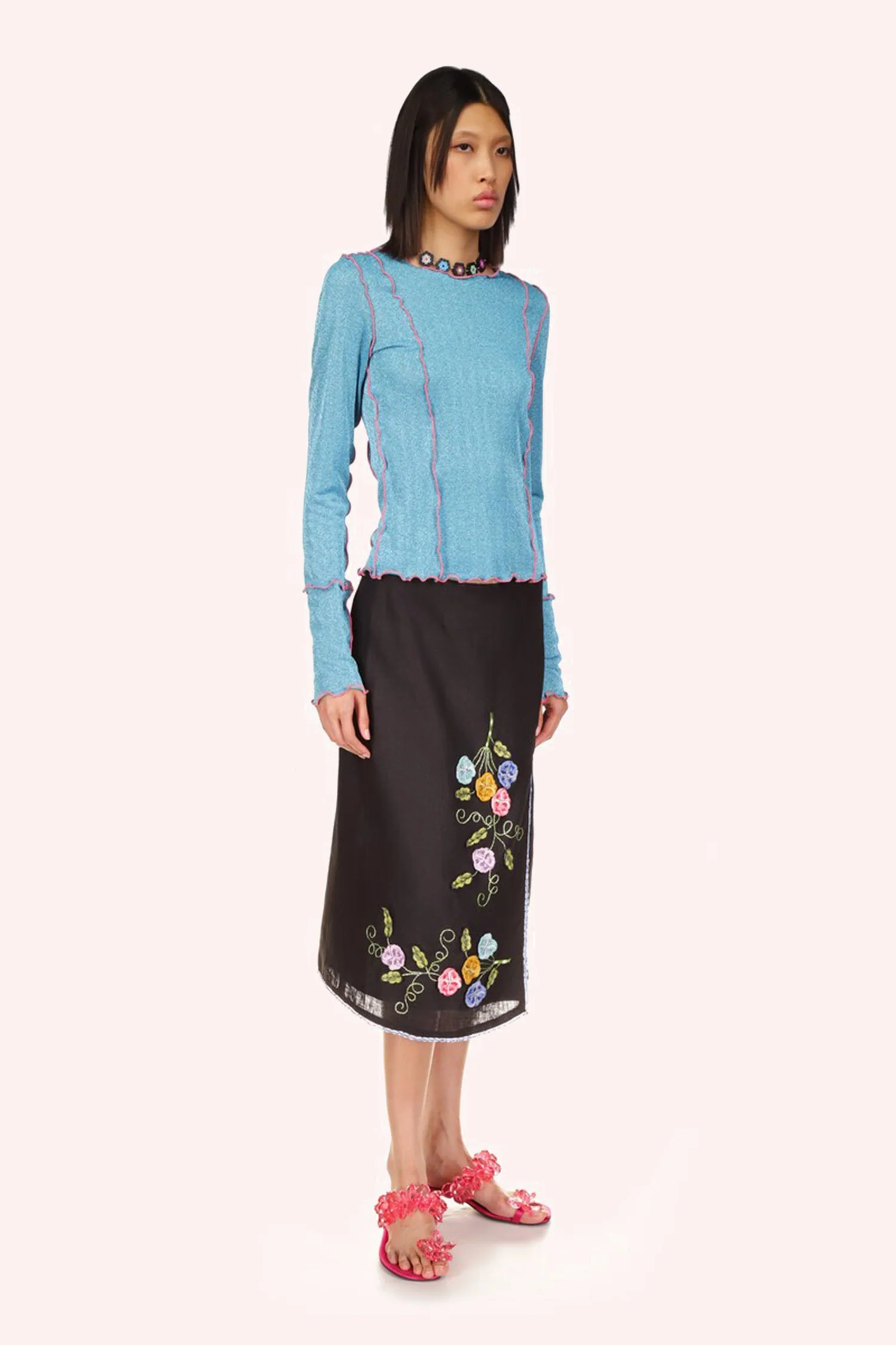 3-D Pansy Embroidered on Linen Skirt - Image 5