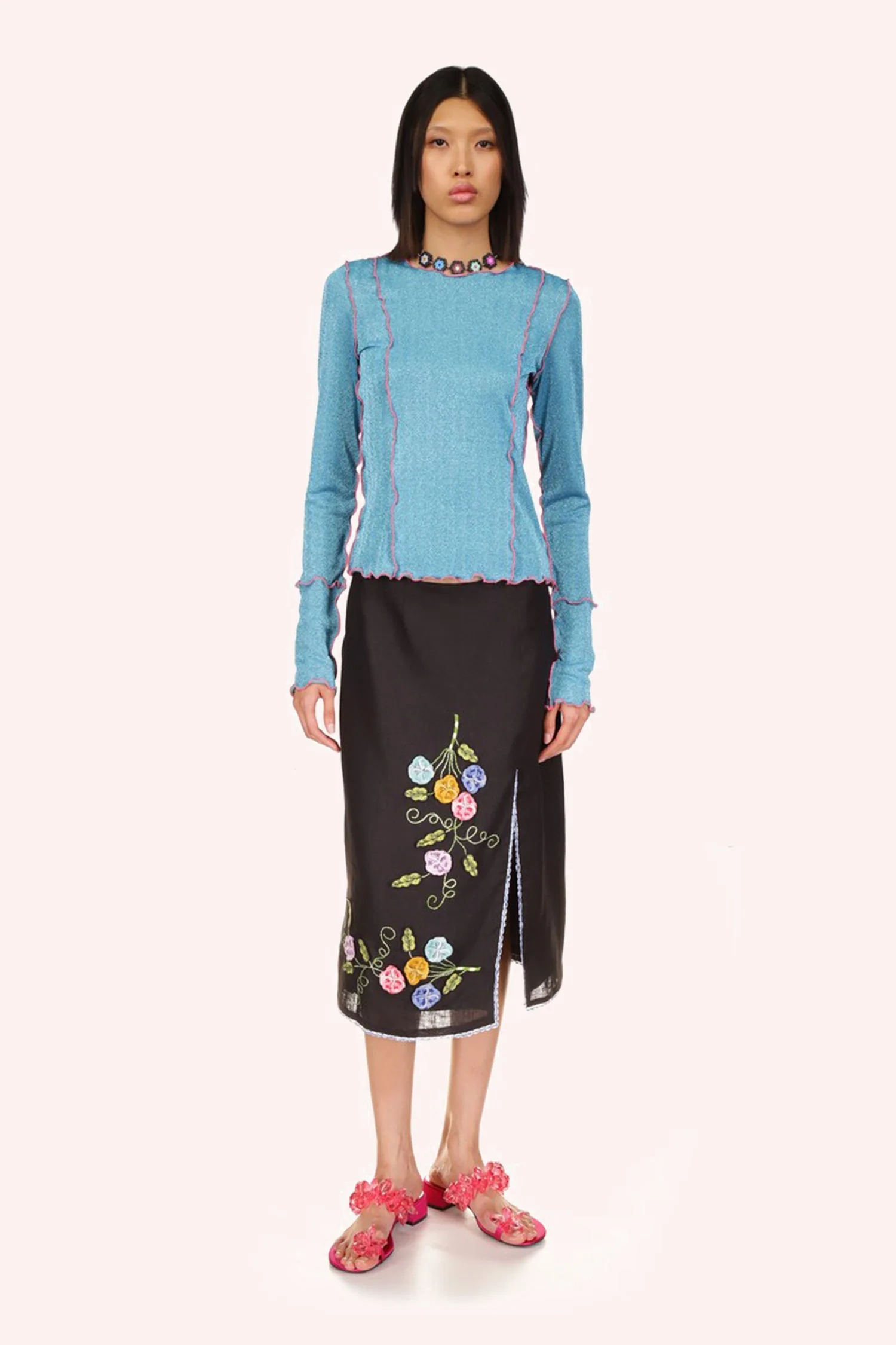 3-D Pansy Embroidered on Linen Skirt - Image 6
