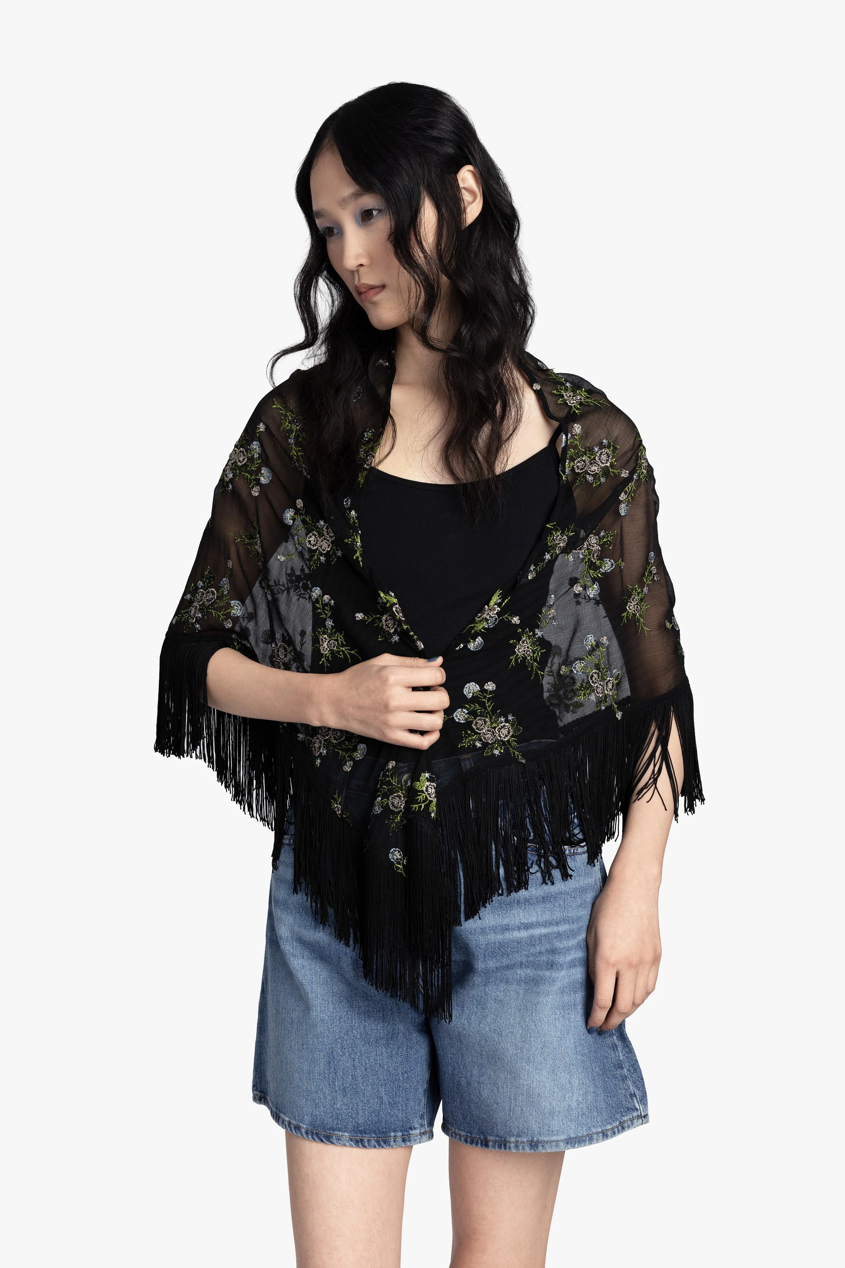 Bluebell Embroidered Chiffon Fringe Shawl - Image 2
