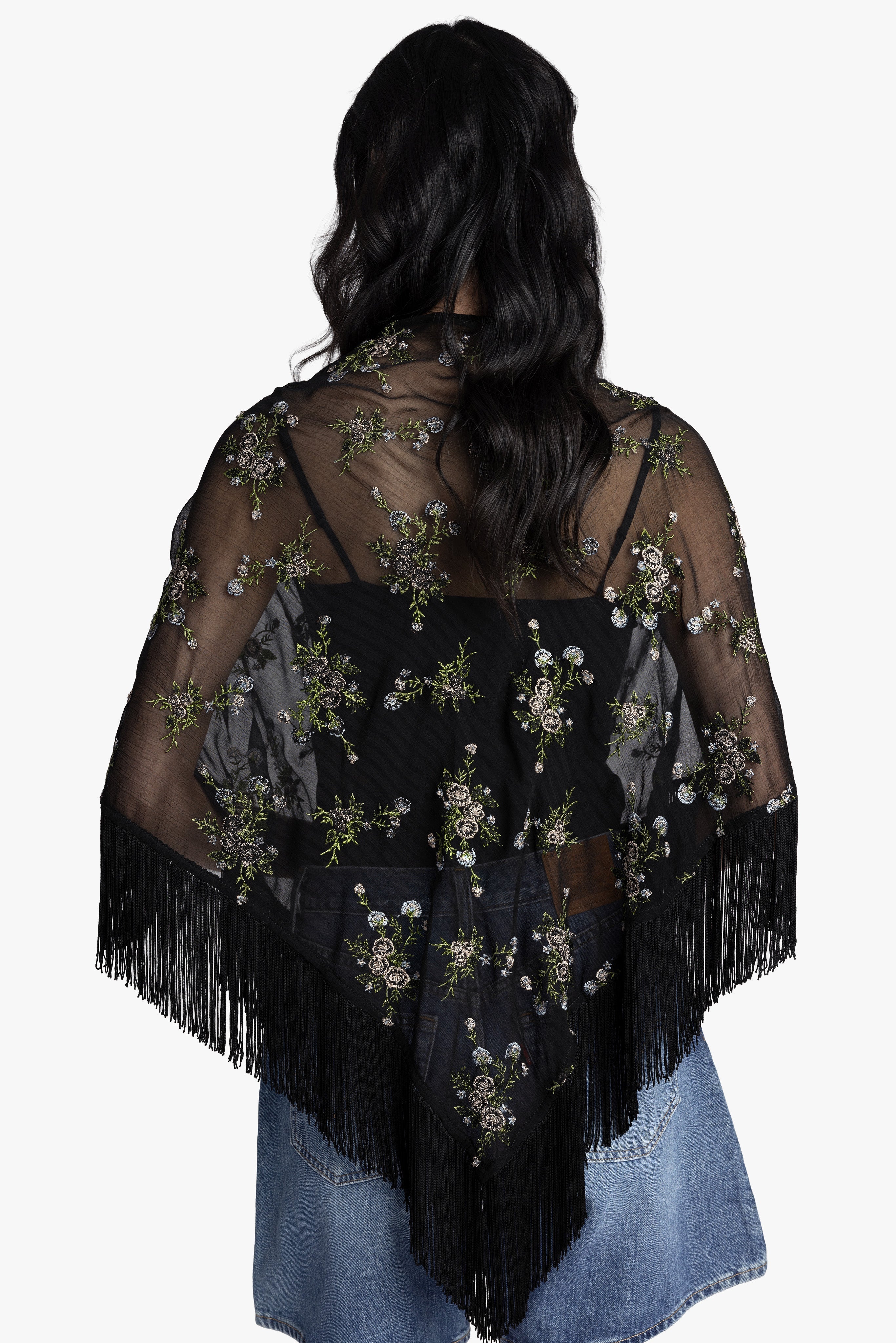 Bluebell Embroidered Chiffon Fringe Shawl - Image 3