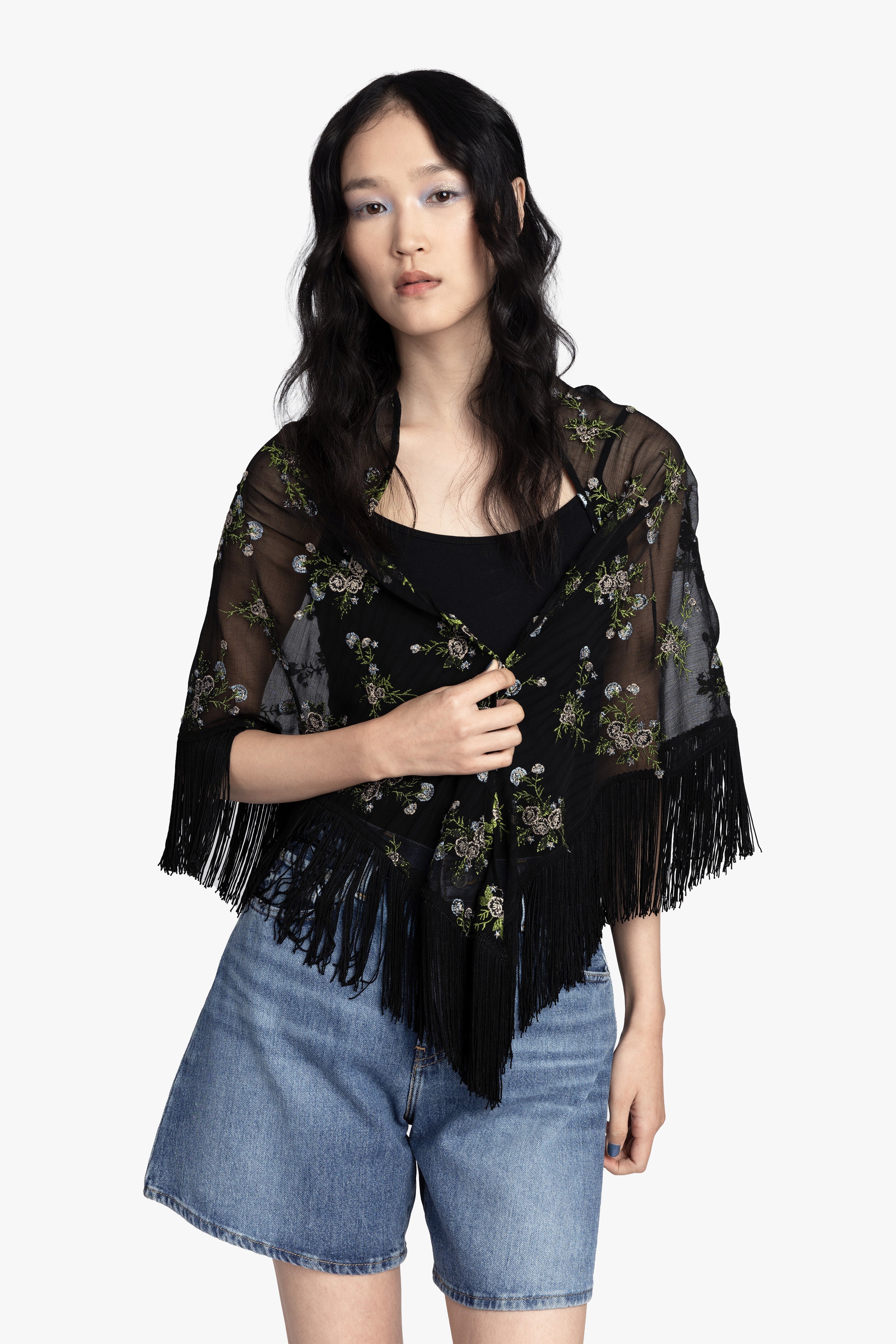 Bluebell Embroidered Chiffon Fringe Shawl - Image 5