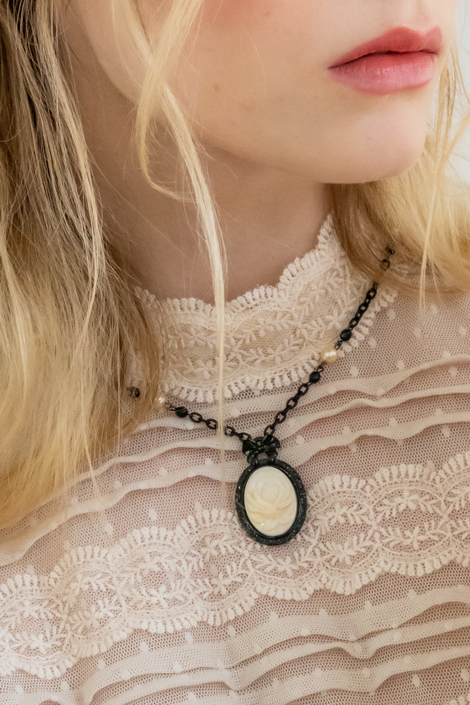 Carved Rose Victorian Frame Necklace - Ivory - Image 2