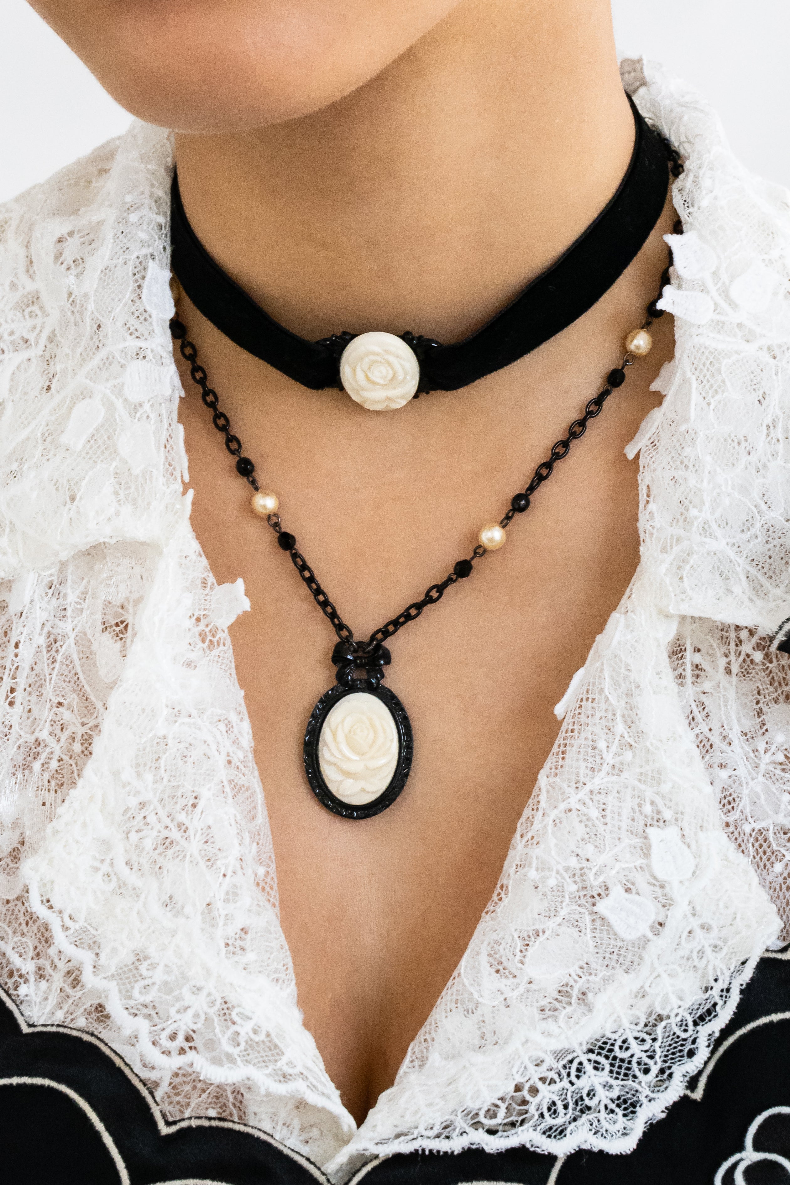 Carved Rose Victorian Frame Necklace - Ivory - Image 3