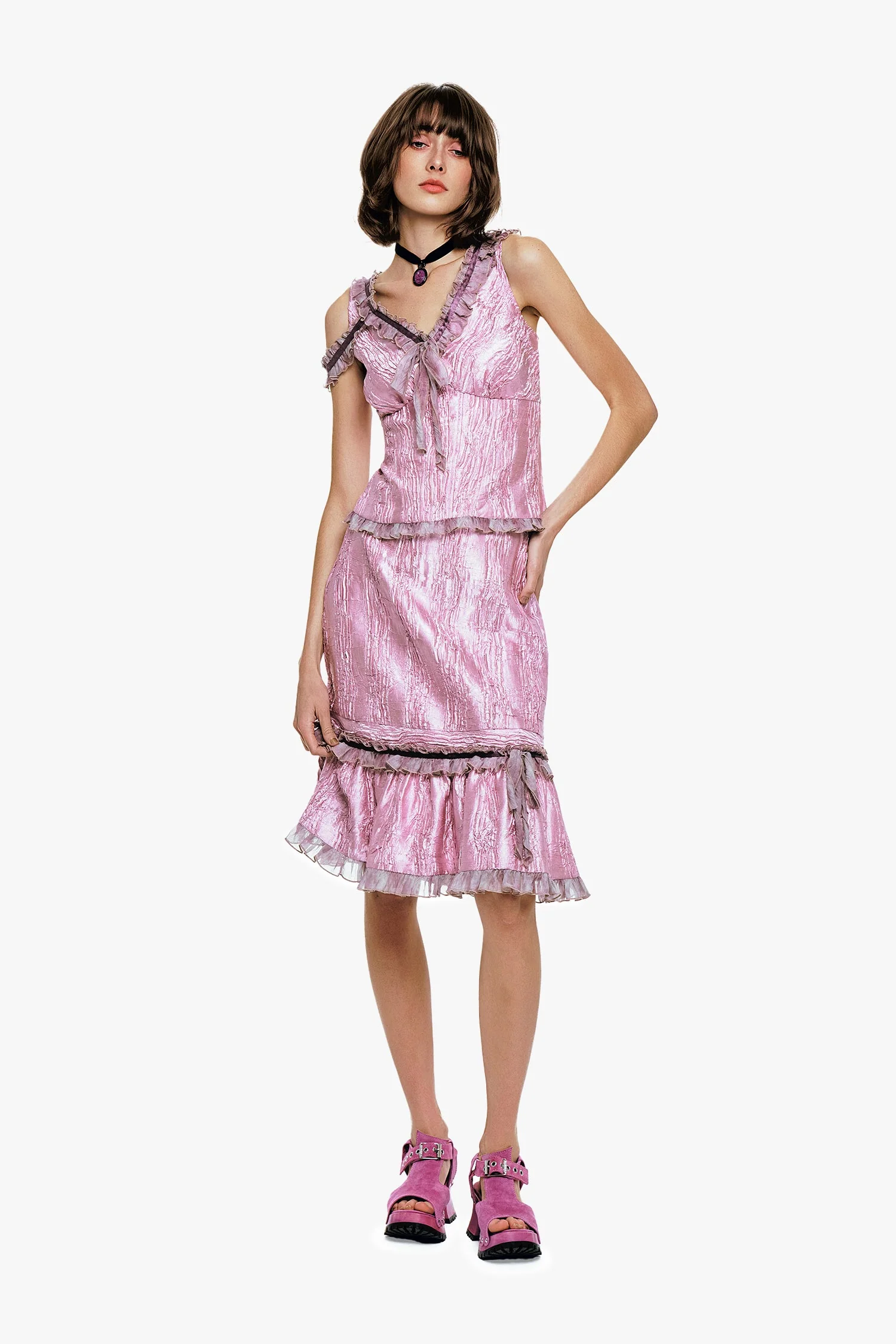 Crushed Satin Ruffle Midi Skirt - Image 3
