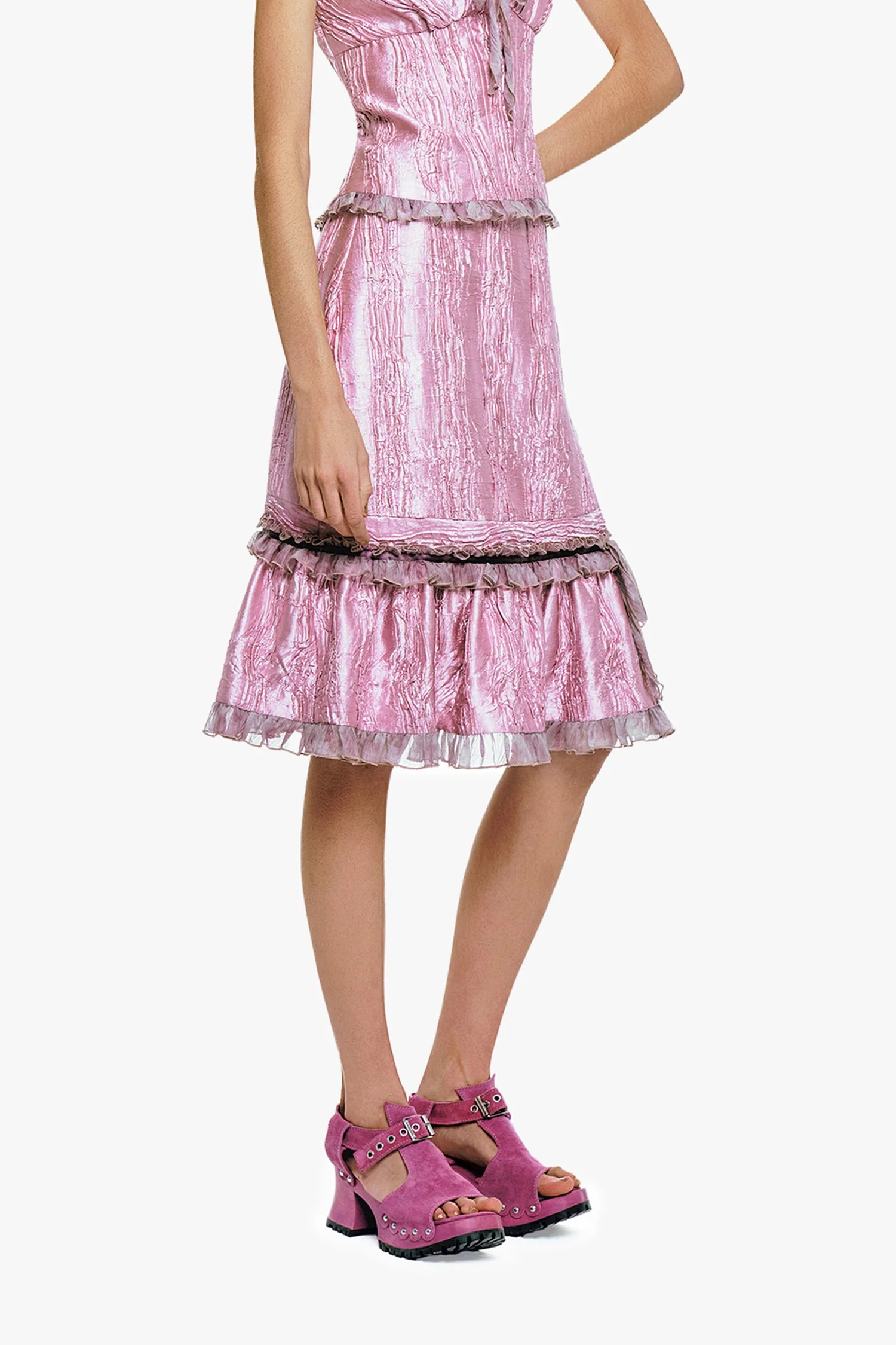 Crushed Satin Ruffle Midi Skirt - Image 4