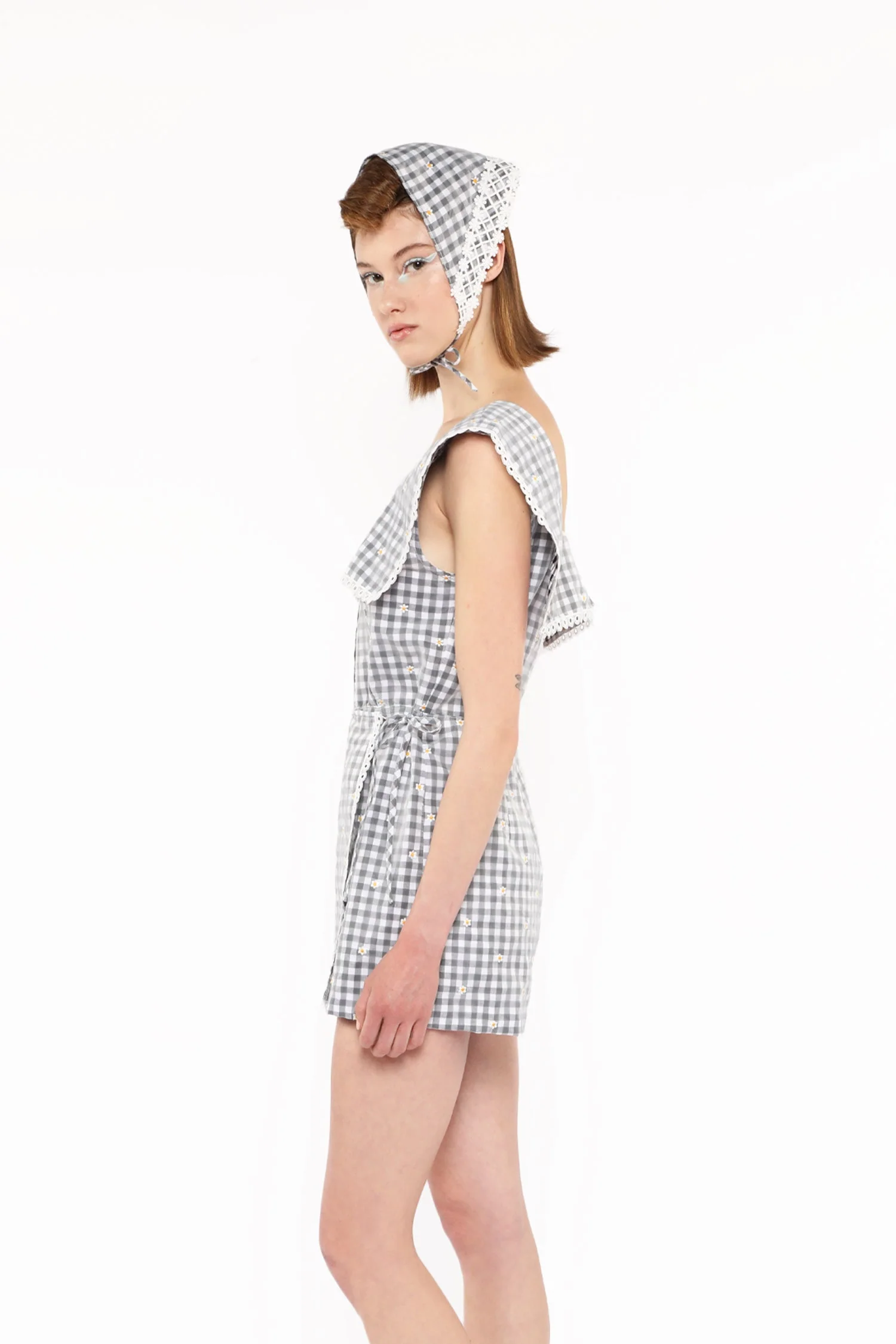 Daisy Embroidery on Gingham Tie Romper - Image 3