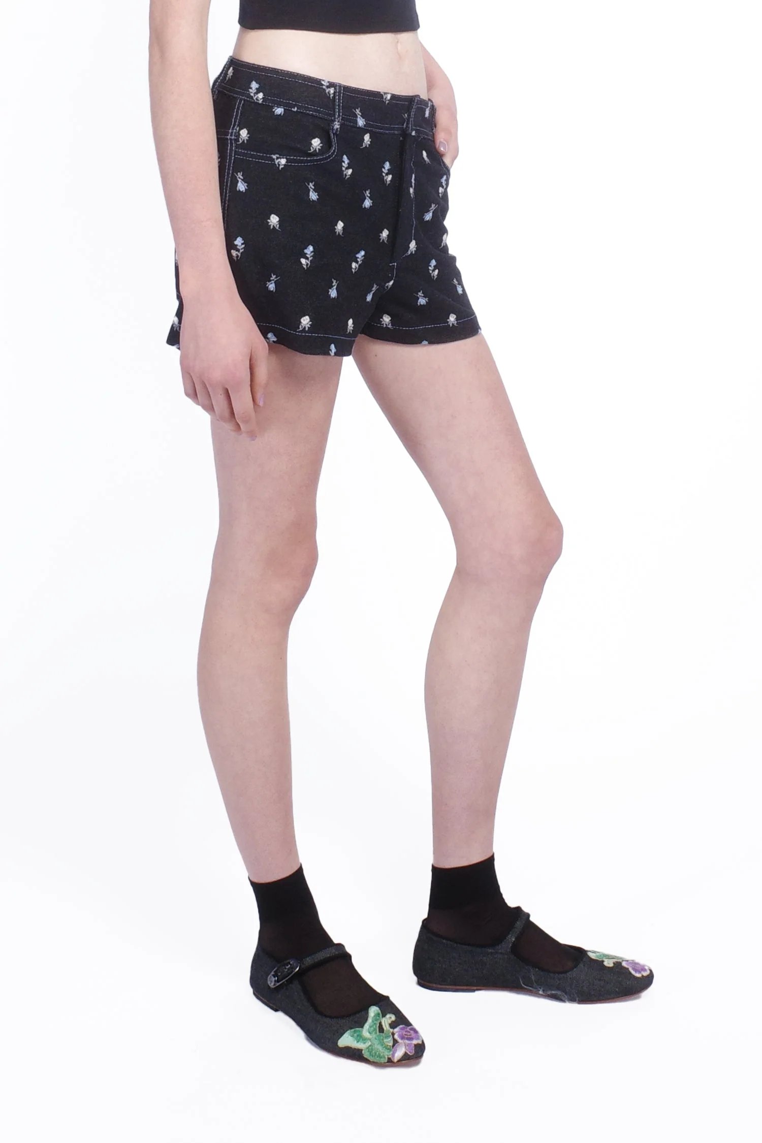 Denim Embroidered Roses Shorts - Image 3