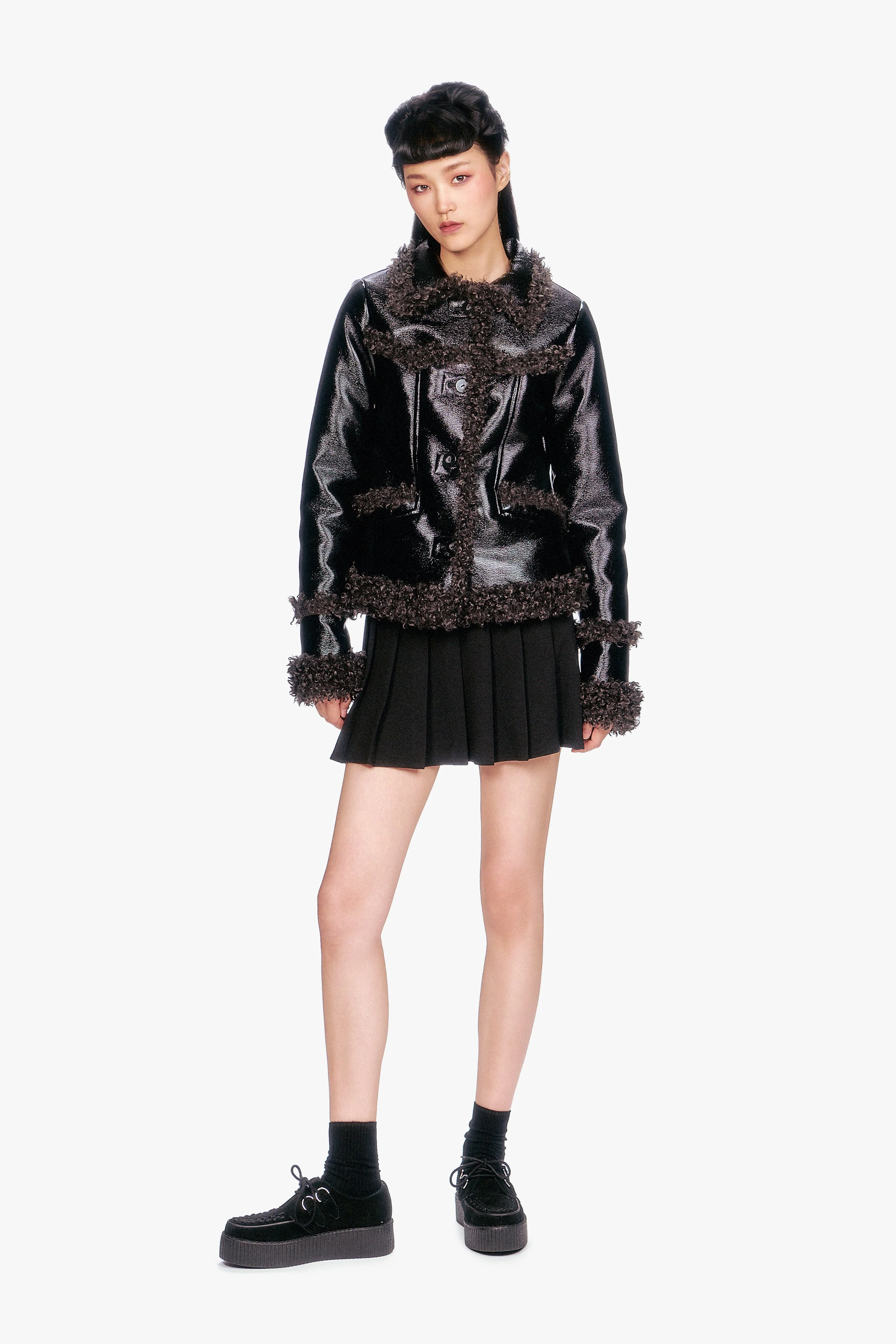 Faux Leather W/ Curly Lamb Trim Jacket - Image 3