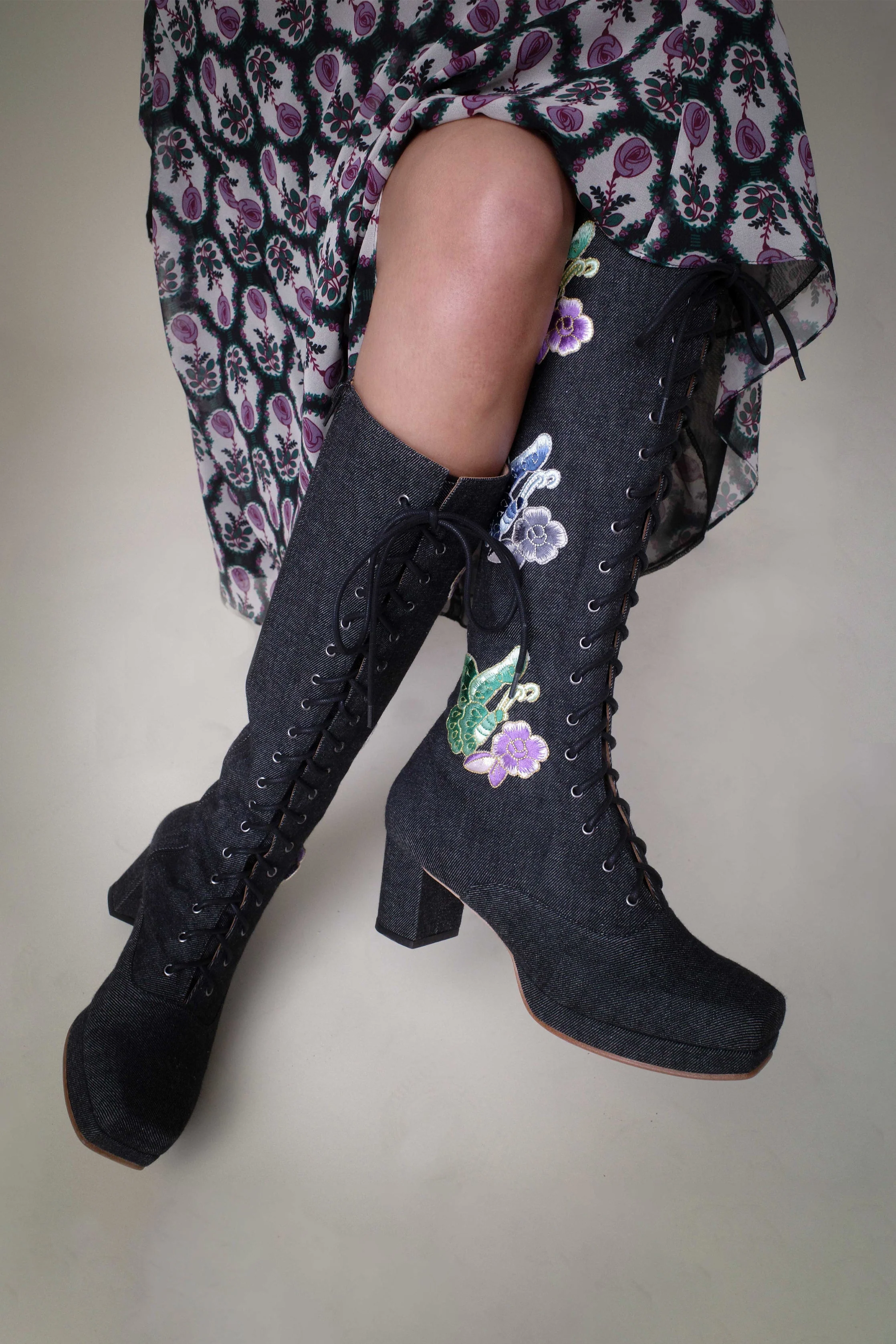 John Fluevog x Anna Sui Butterfly Boots - Black Denim - Image 8