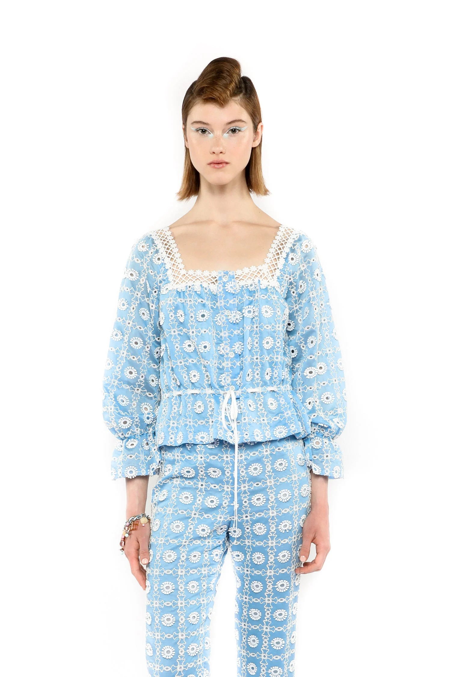 Lattice Lace Embroidery Tie Blouse