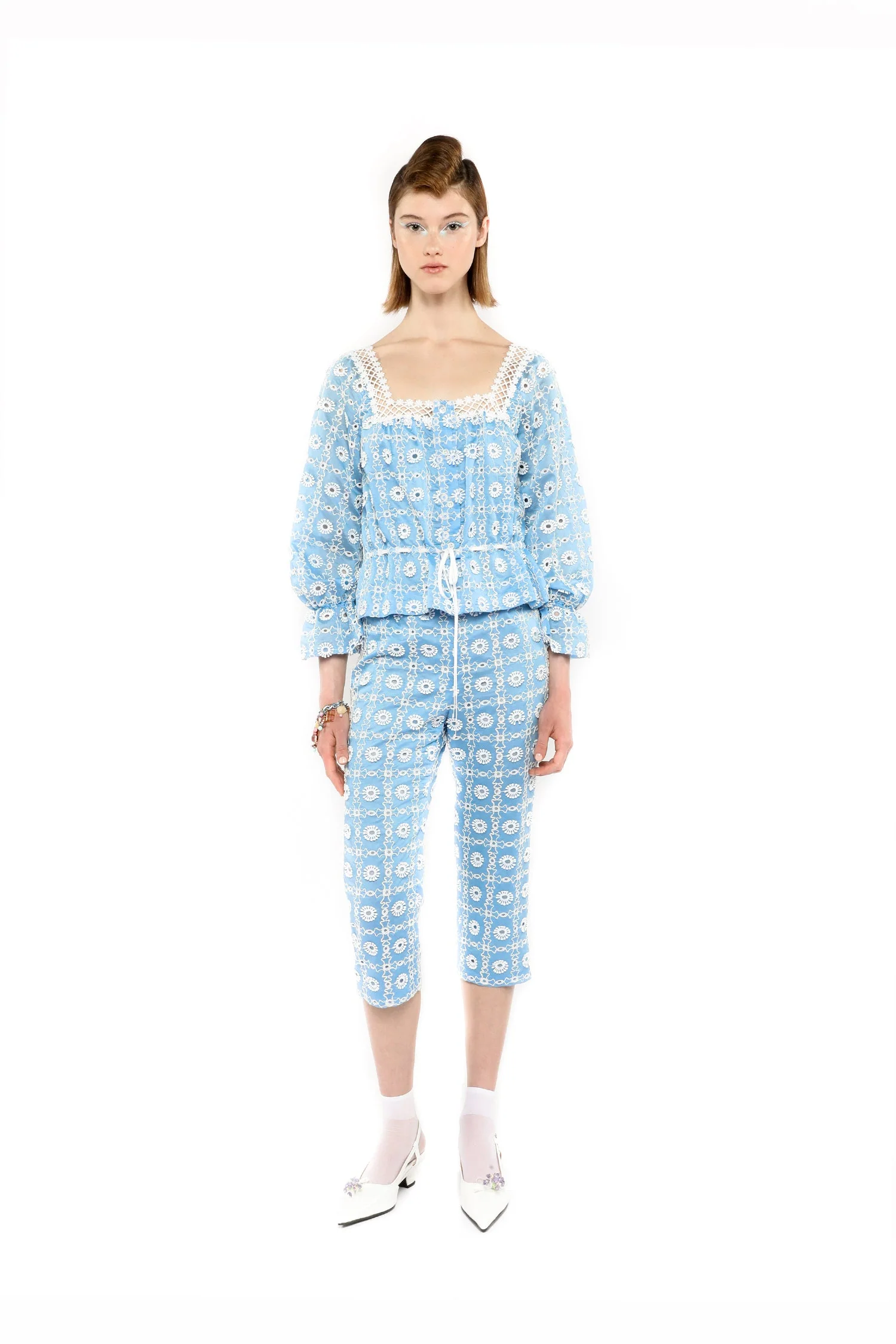 Lattice Lace Embroidery Tie Blouse - Image 2