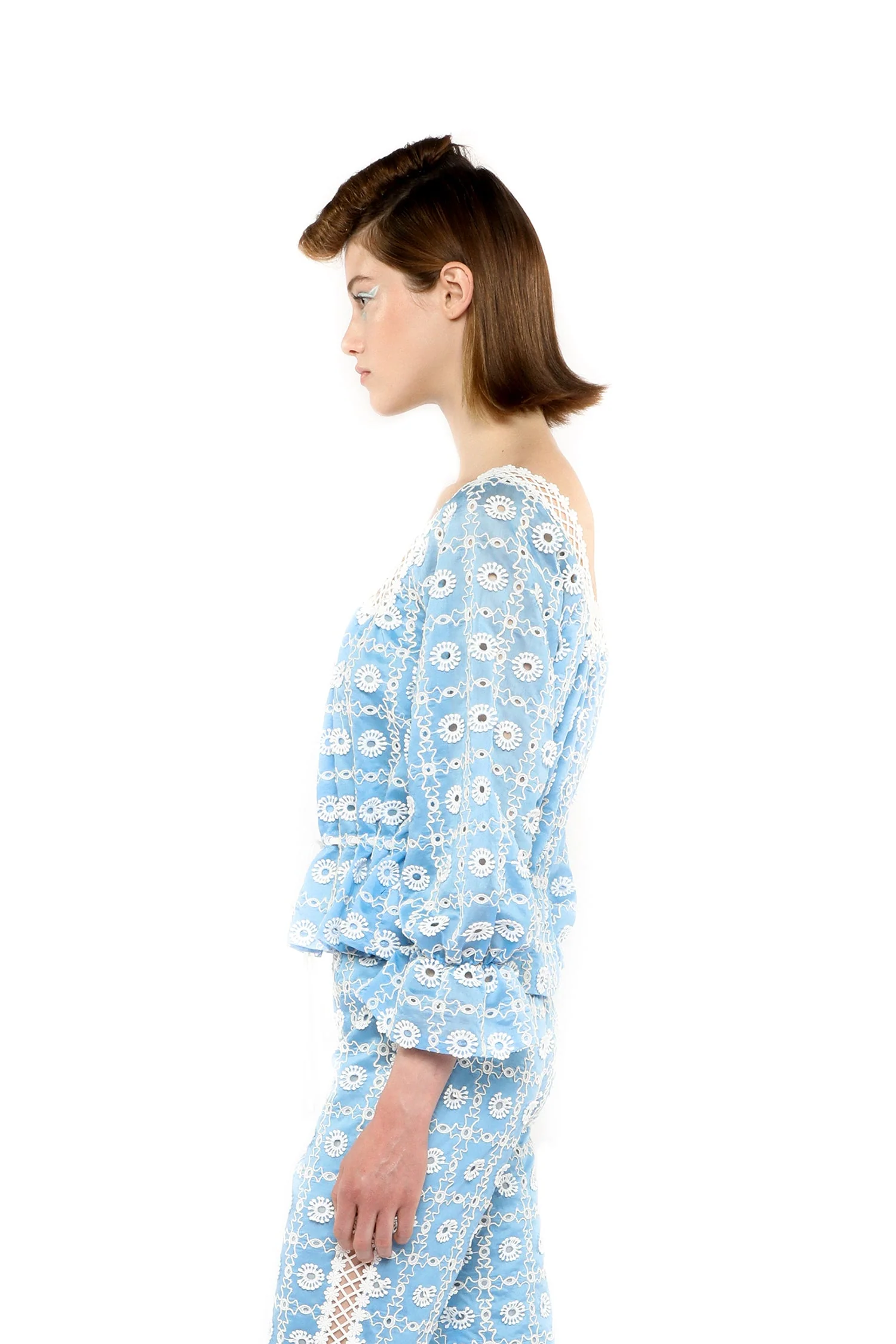 Lattice Lace Embroidery Tie Blouse - Image 3