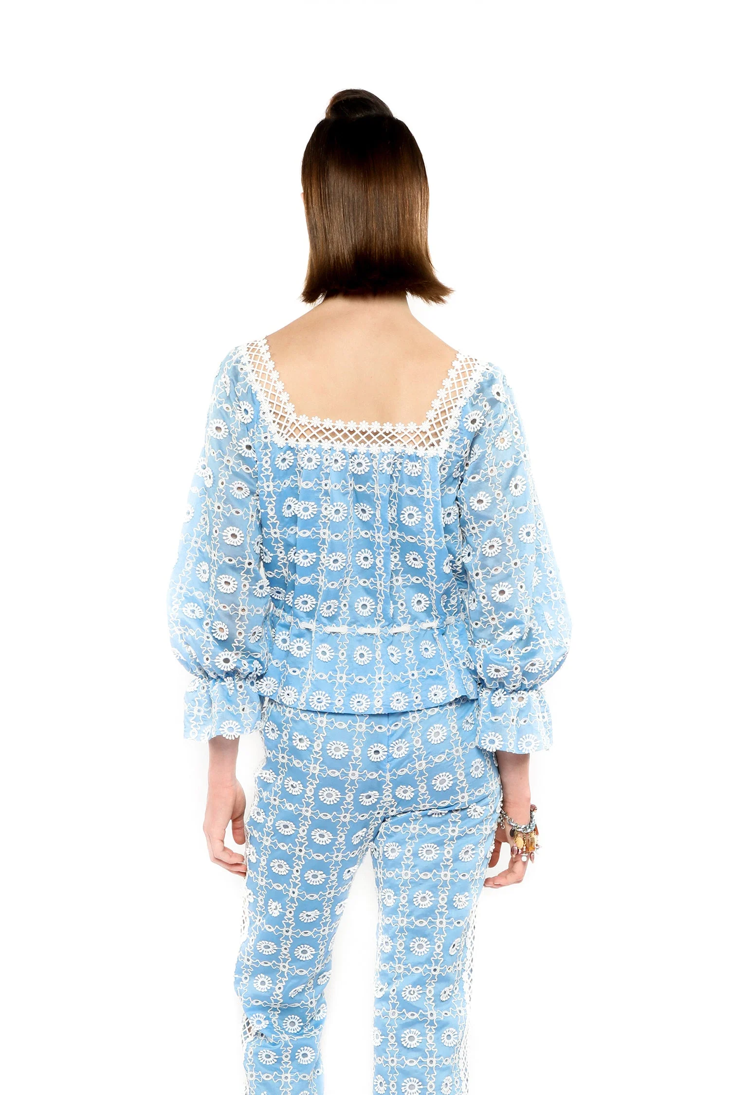 Lattice Lace Embroidery Tie Blouse - Image 4
