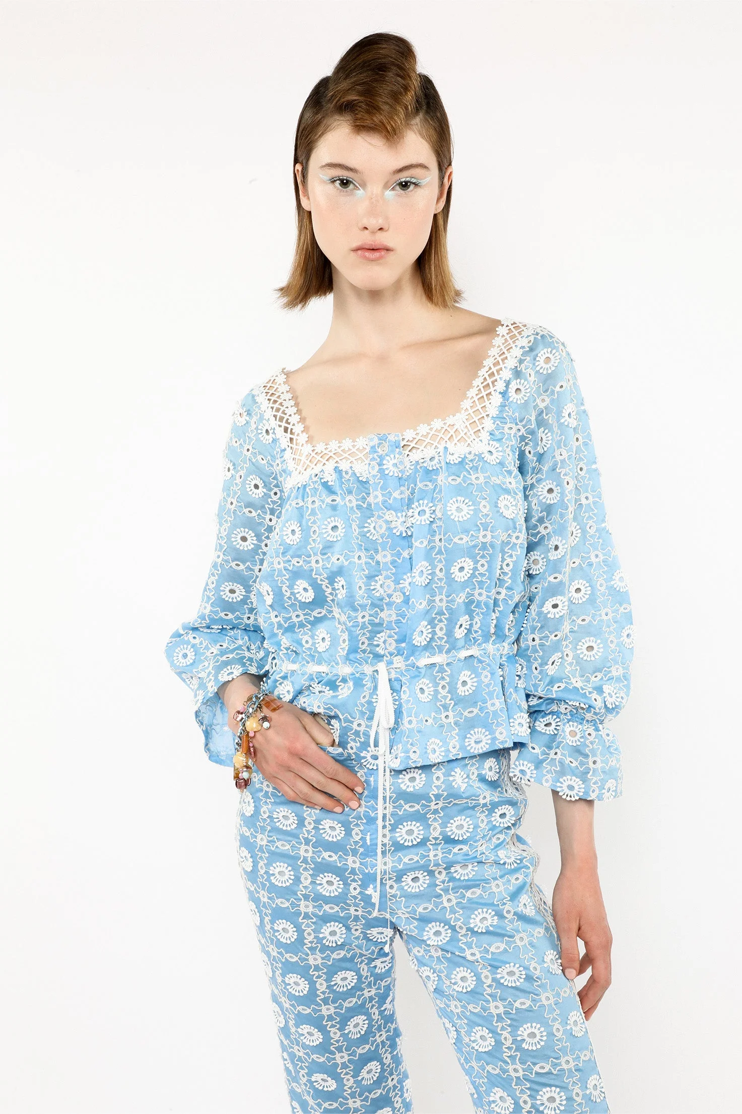 Lattice Lace Embroidery Tie Blouse - Image 5