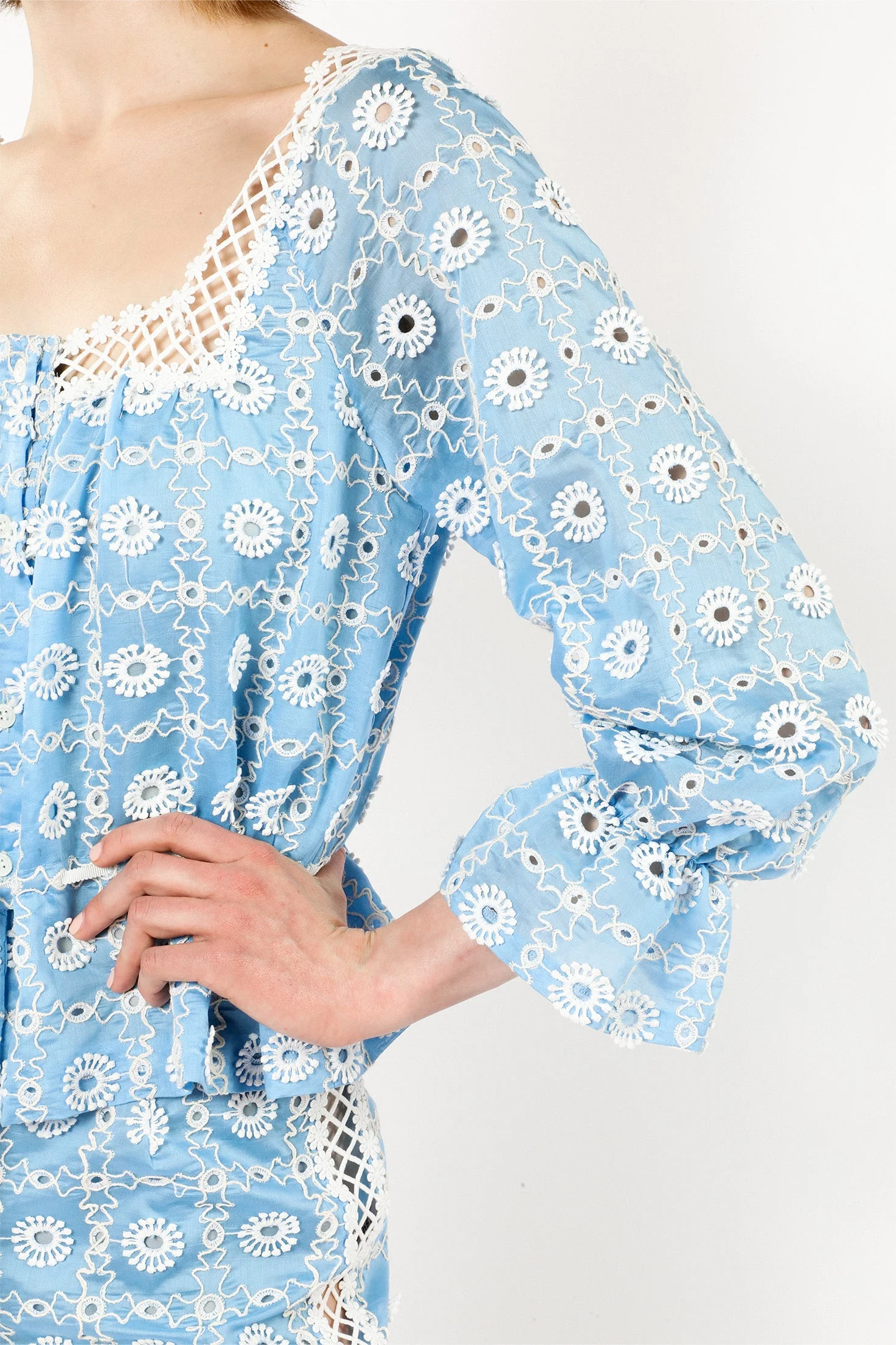 Lattice Lace Embroidery Tie Blouse - Image 7