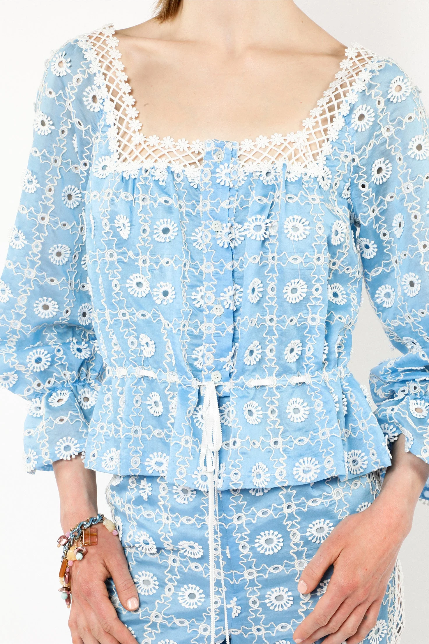 Lattice Lace Embroidery Tie Blouse - Image 8