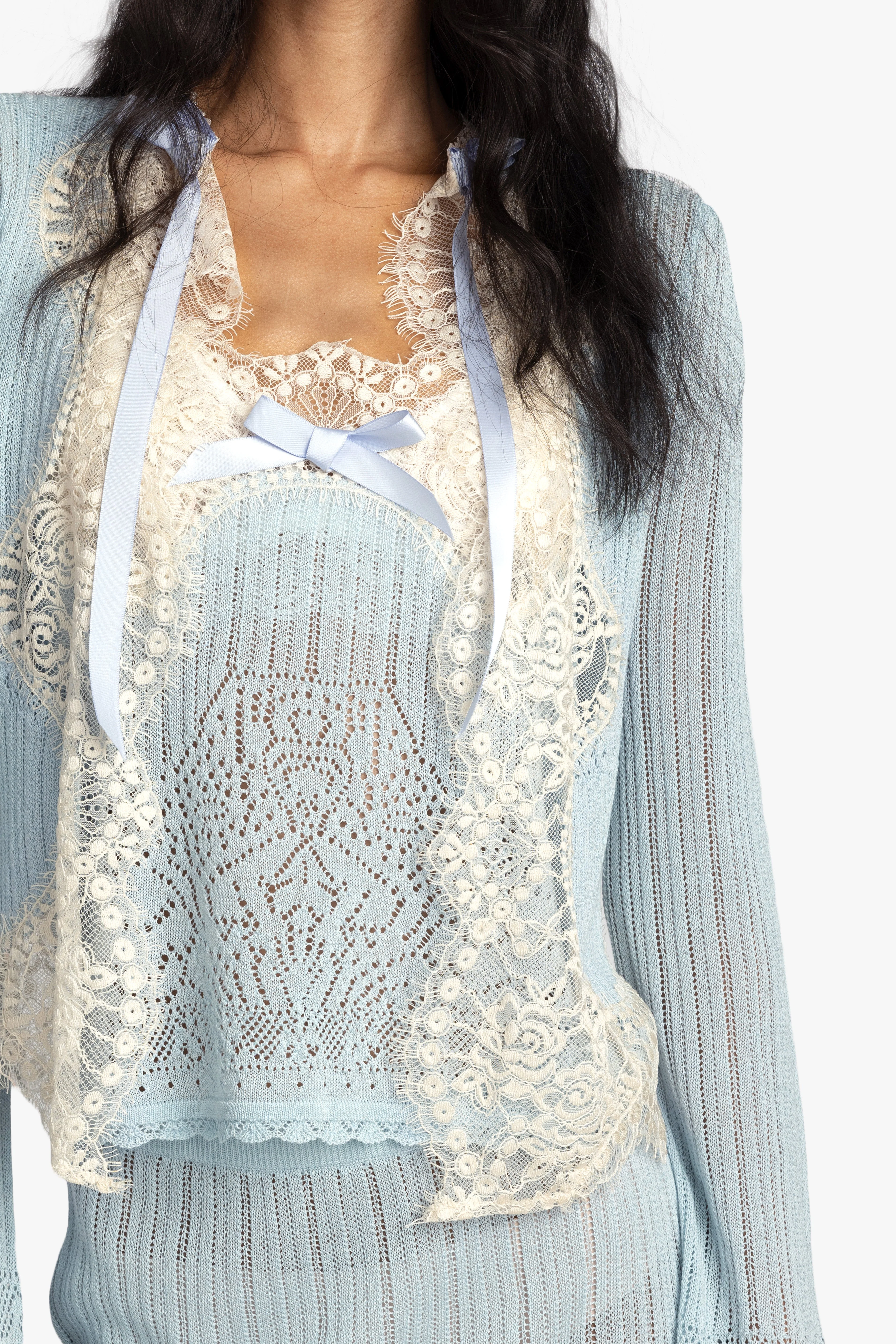 Lingerie Lace Knit Cardigan - Sky Blue - Image 2
