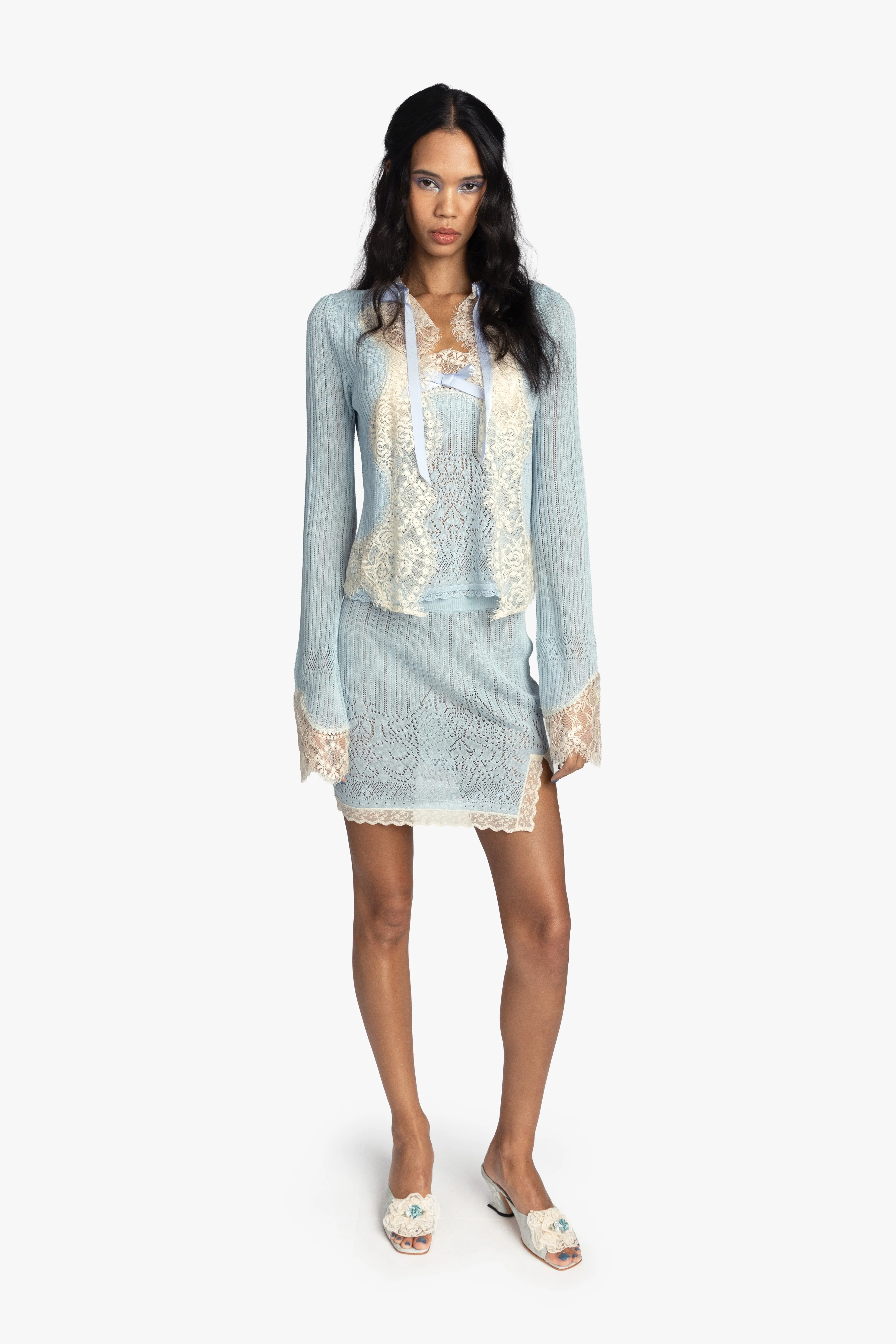 Lingerie Lace Knit Cardigan - Sky Blue - Image 3