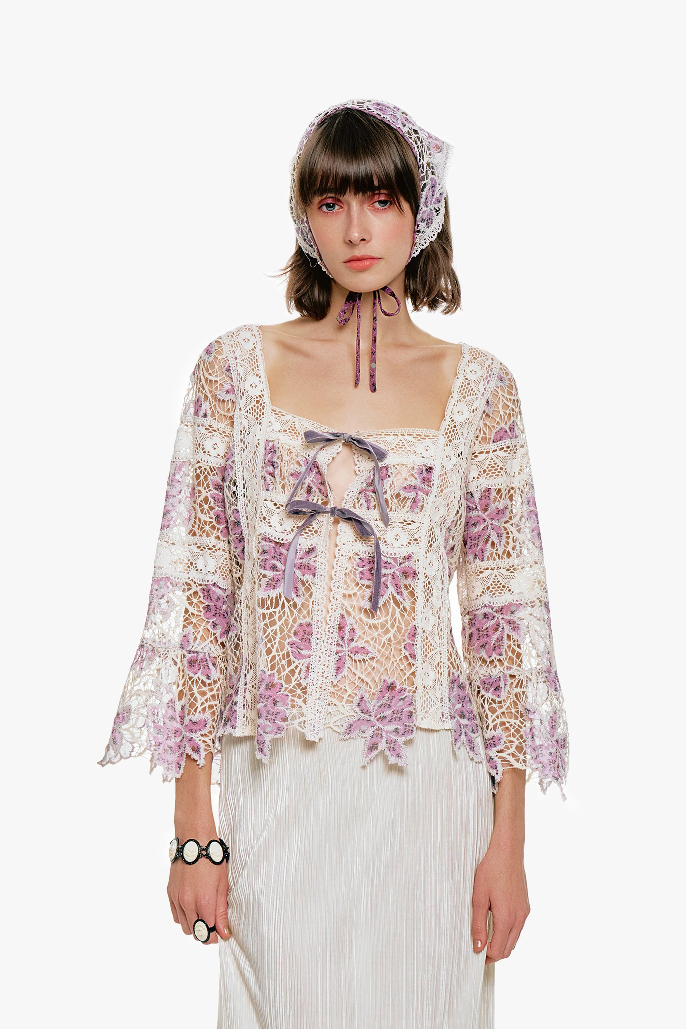 Medallion Floral Lace Tie Blouse