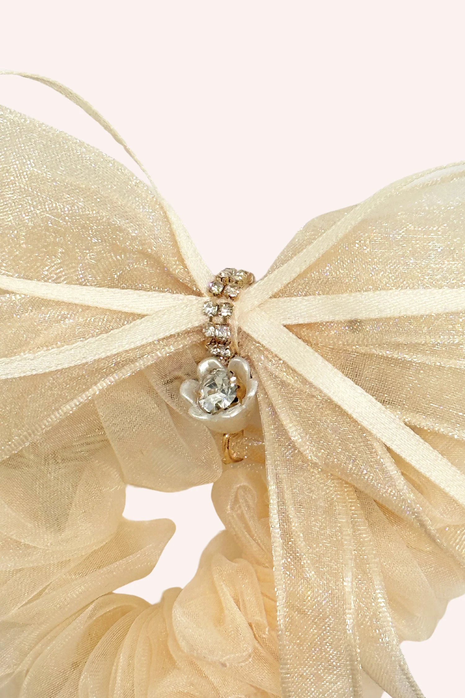 Nude Mesh Bow Flower Embellished Scrunchie - Image 3