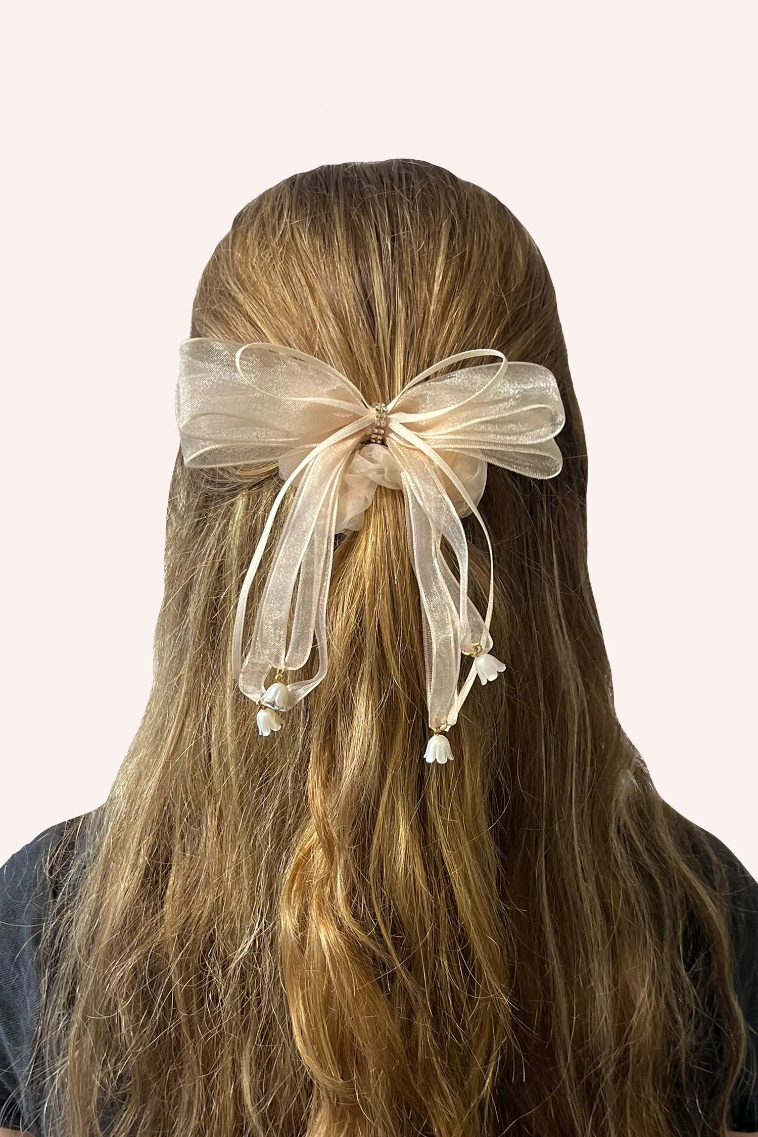 Nude Mesh Bow Flower Embellished Scrunchie - Image 4