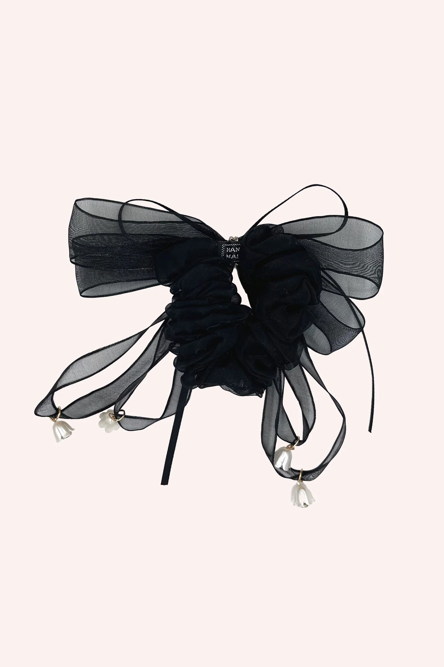Black Mesh Bow Flower Embellished Scrunchie - Image 2