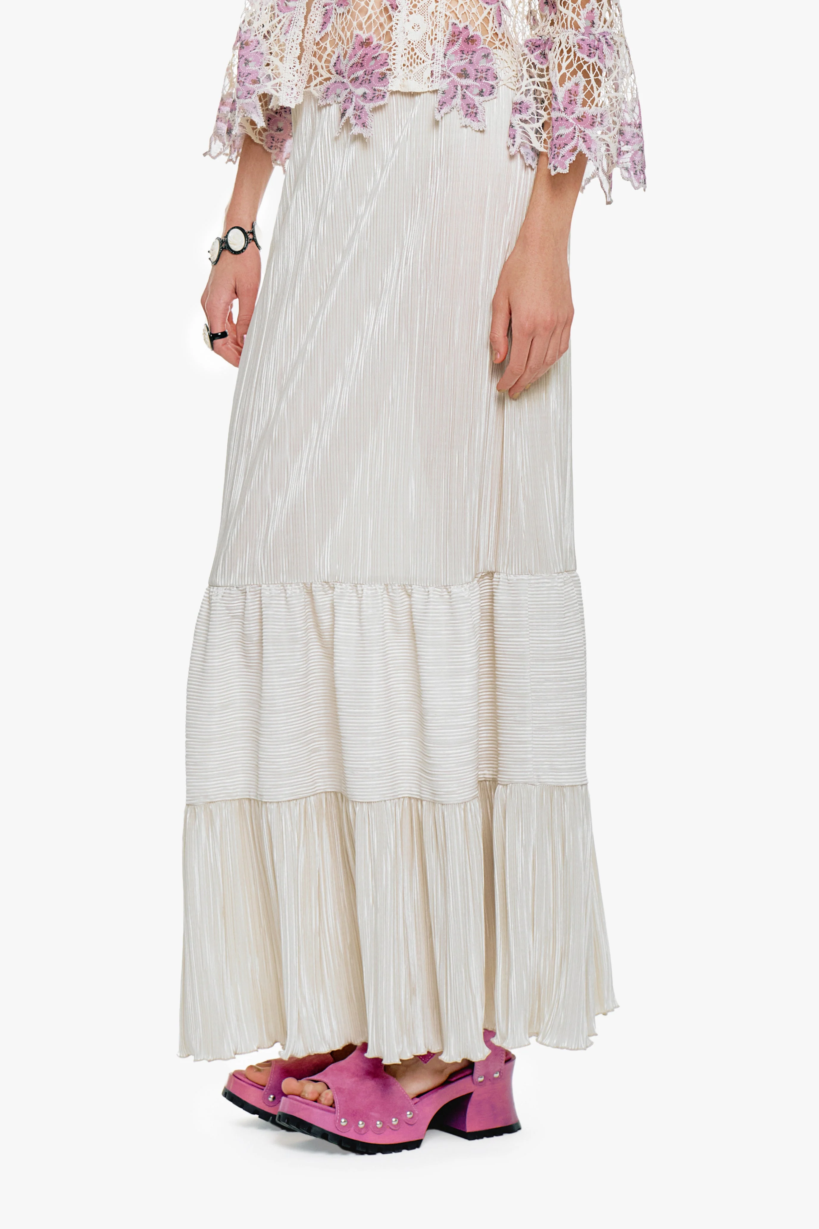Plissé Tiered Maxi Skirt - Cream - Image 4