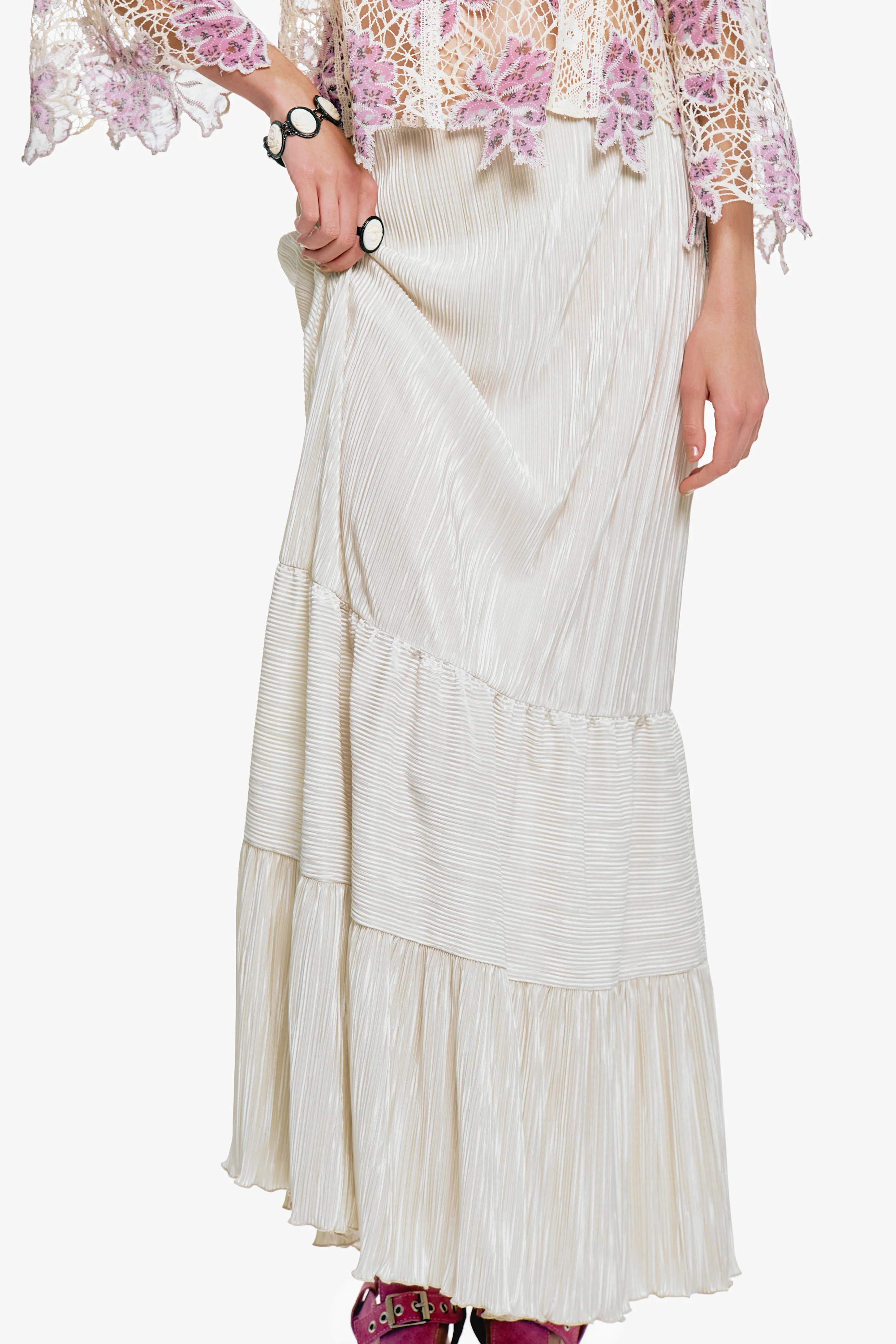 Plissé Tiered Maxi Skirt - Cream - Image 7
