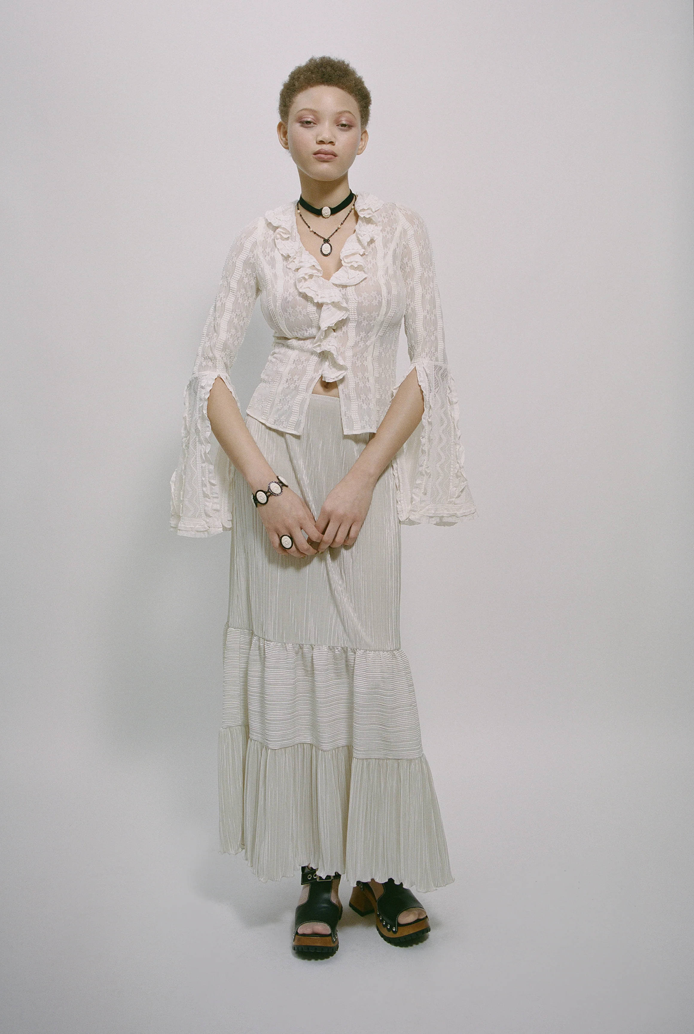 Plissé Tiered Maxi Skirt - Cream - Image 8