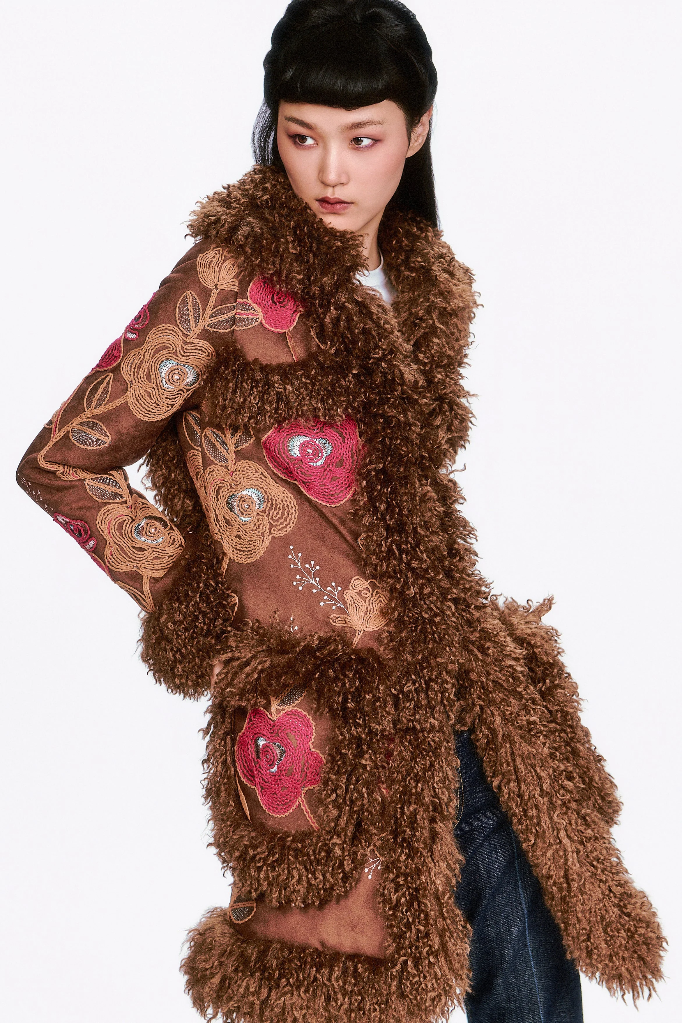 Poiret Rose Embroidered Faux Suede Faux Fur Trim Coat - Image 2