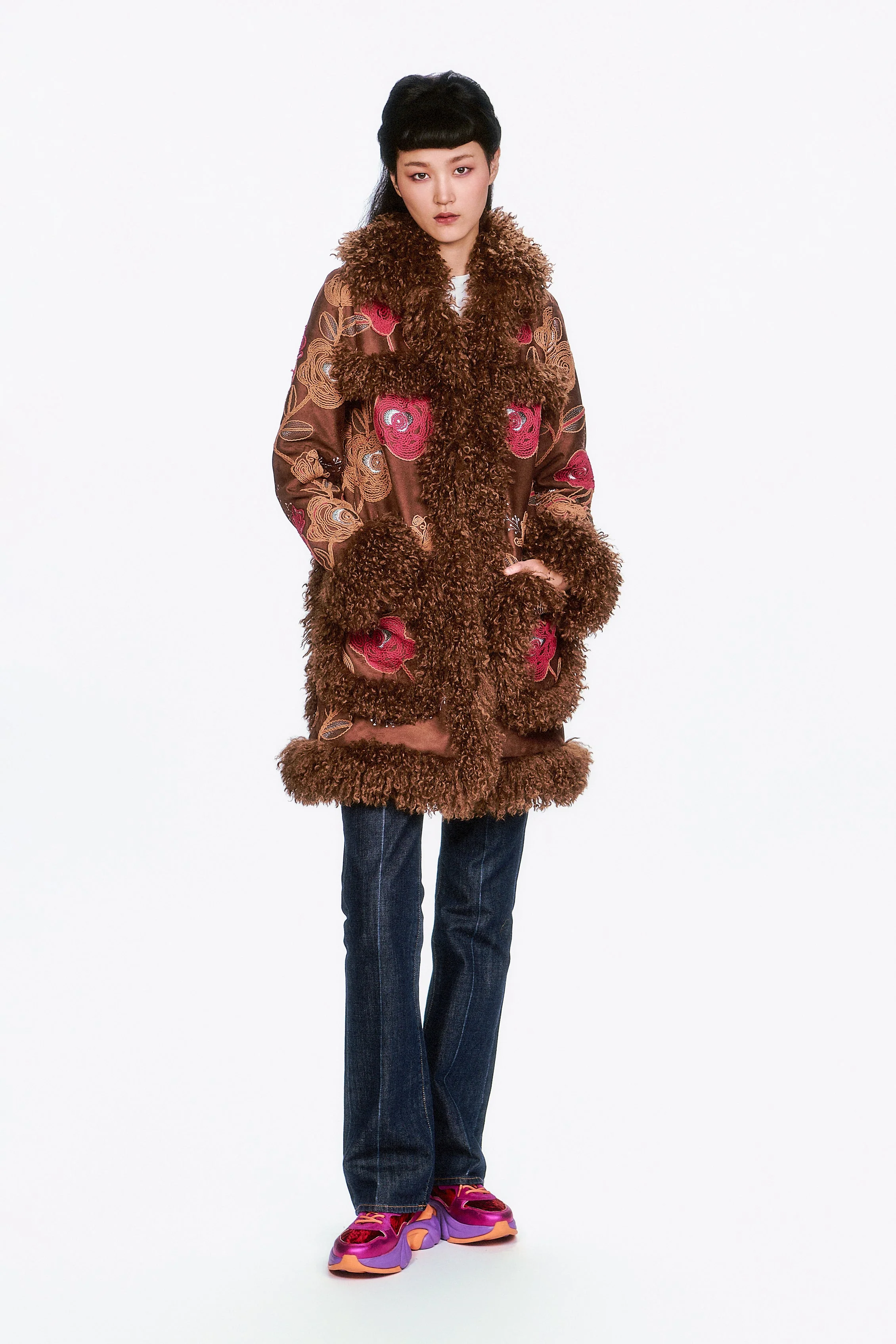 Poiret Rose Embroidered Faux Suede Faux Fur Trim Coat - Image 3