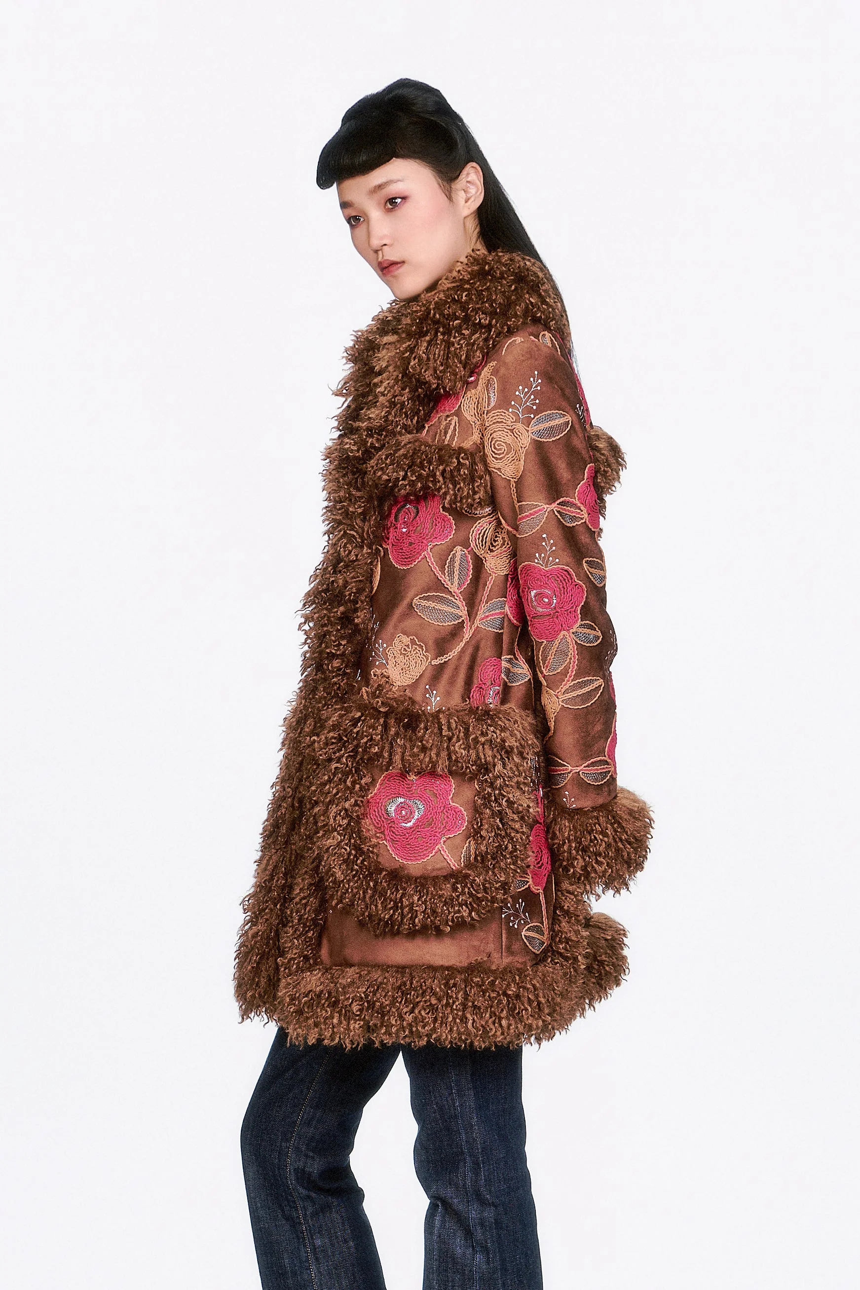 Poiret Rose Embroidered Faux Suede Faux Fur Trim Coat - Image 4