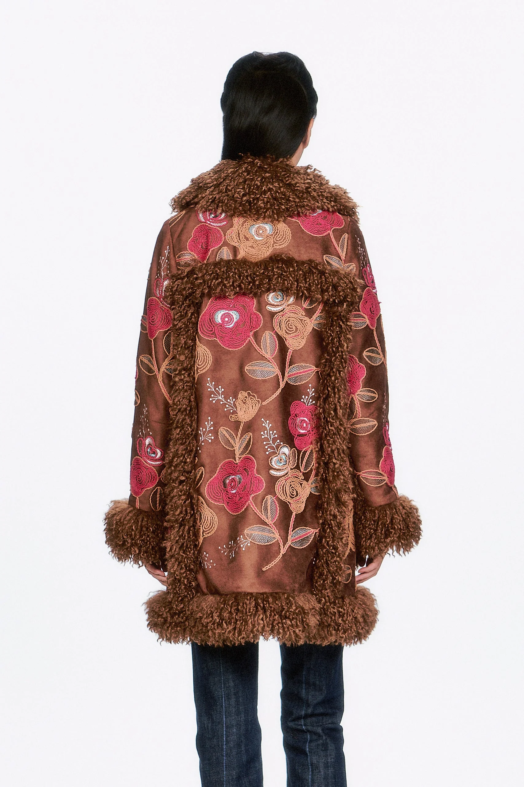 Poiret Rose Embroidered Faux Suede Faux Fur Trim Coat - Image 5