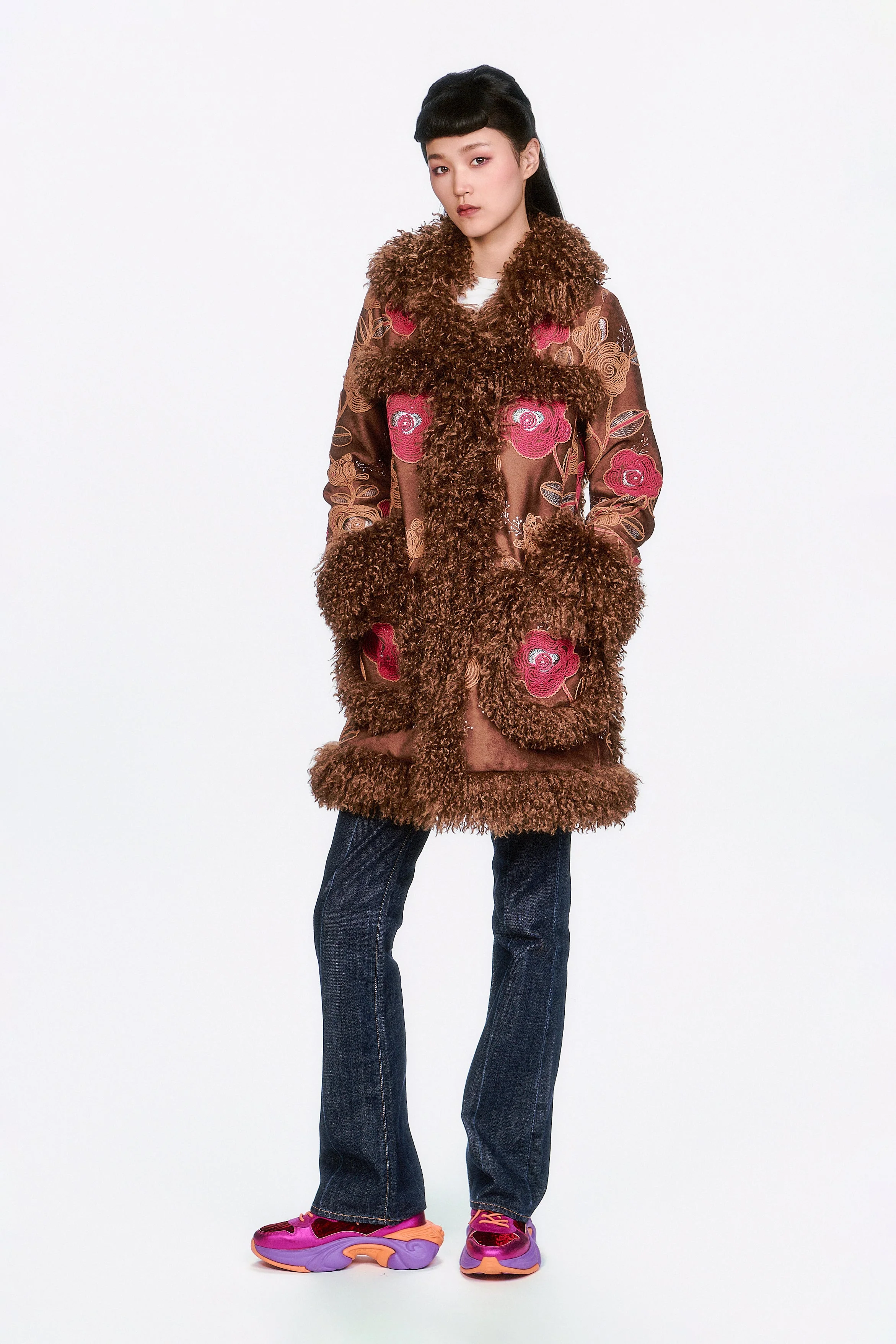 Poiret Rose Embroidered Faux Suede Faux Fur Trim Coat - Image 6
