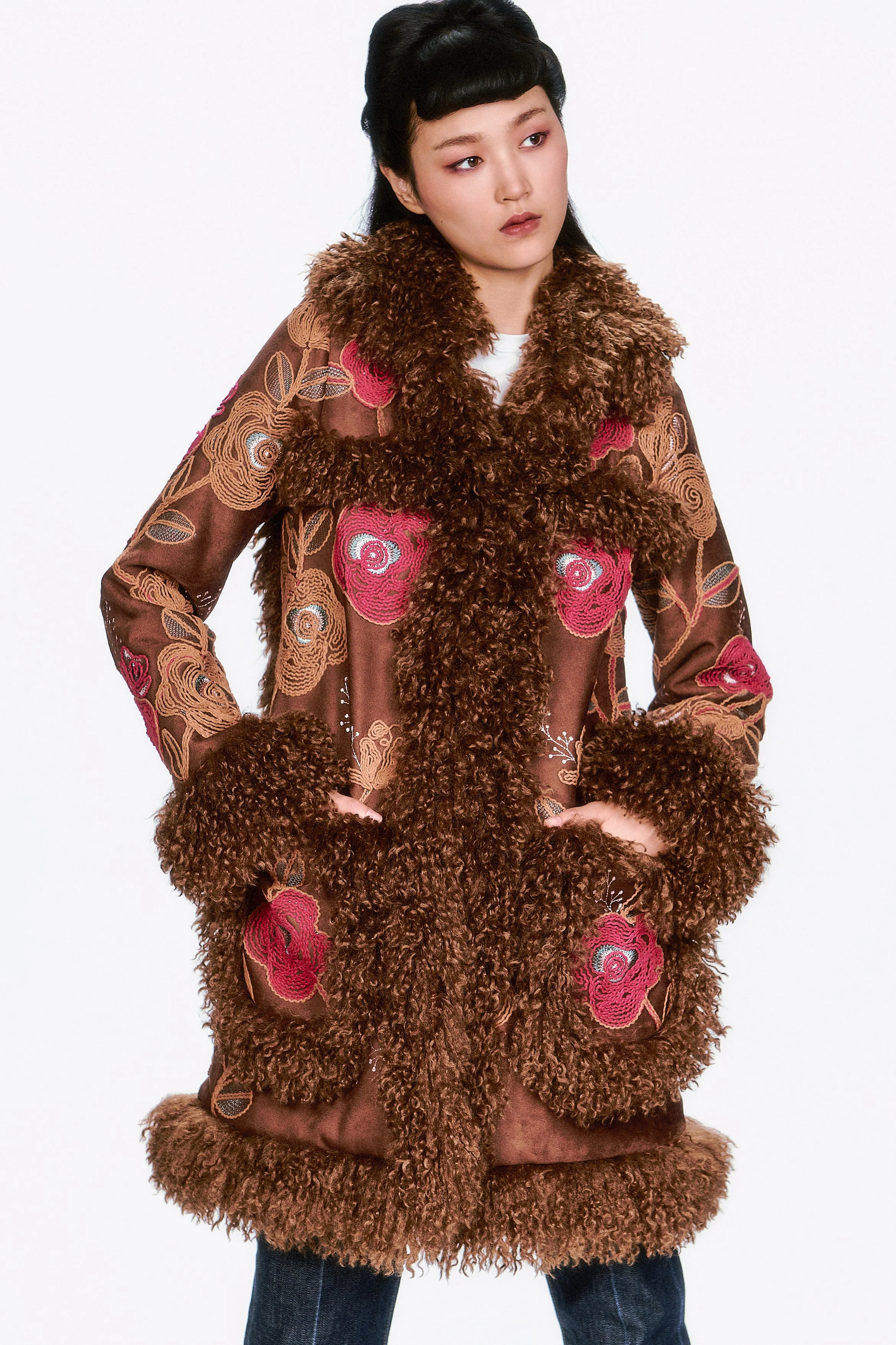 Poiret Rose Embroidered Faux Suede Faux Fur Trim Coat - Image 7
