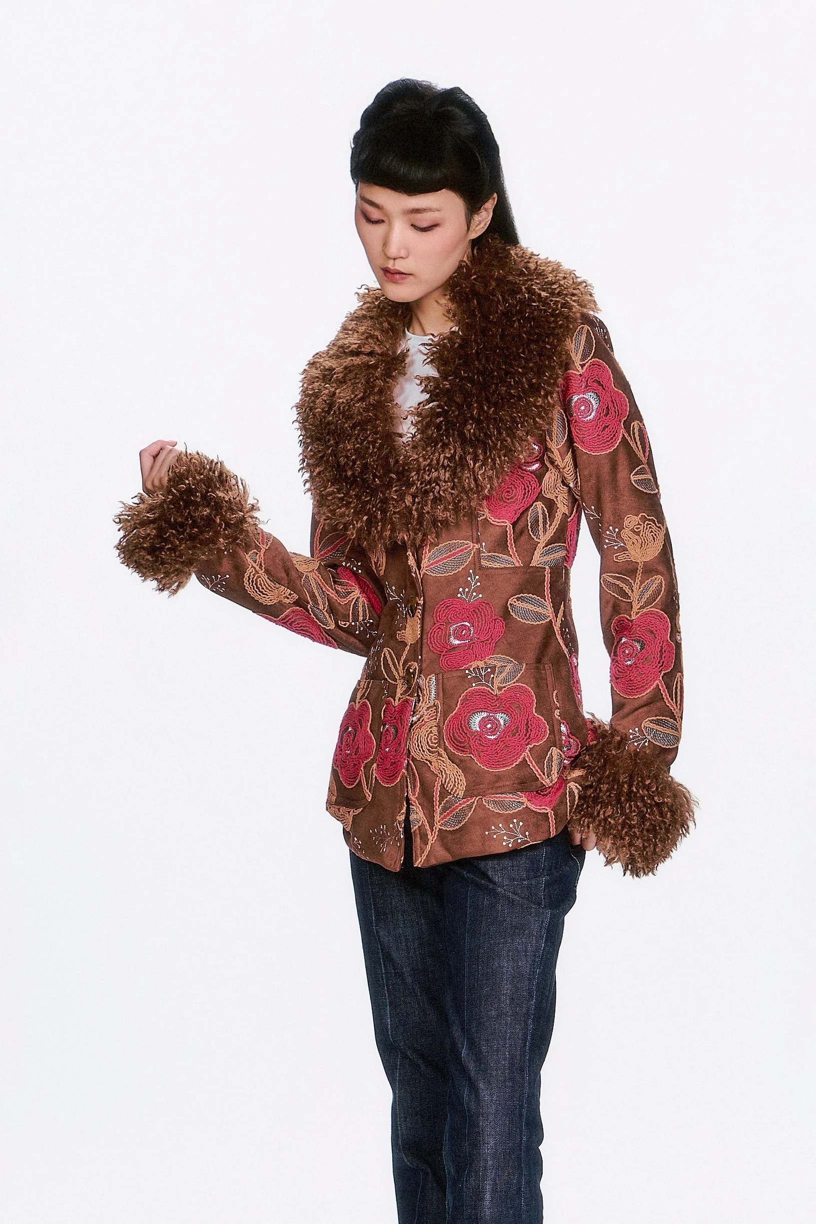 Poiret Rose Embroidered Faux Suede Faux Fur Trim Jacket - Image 4
