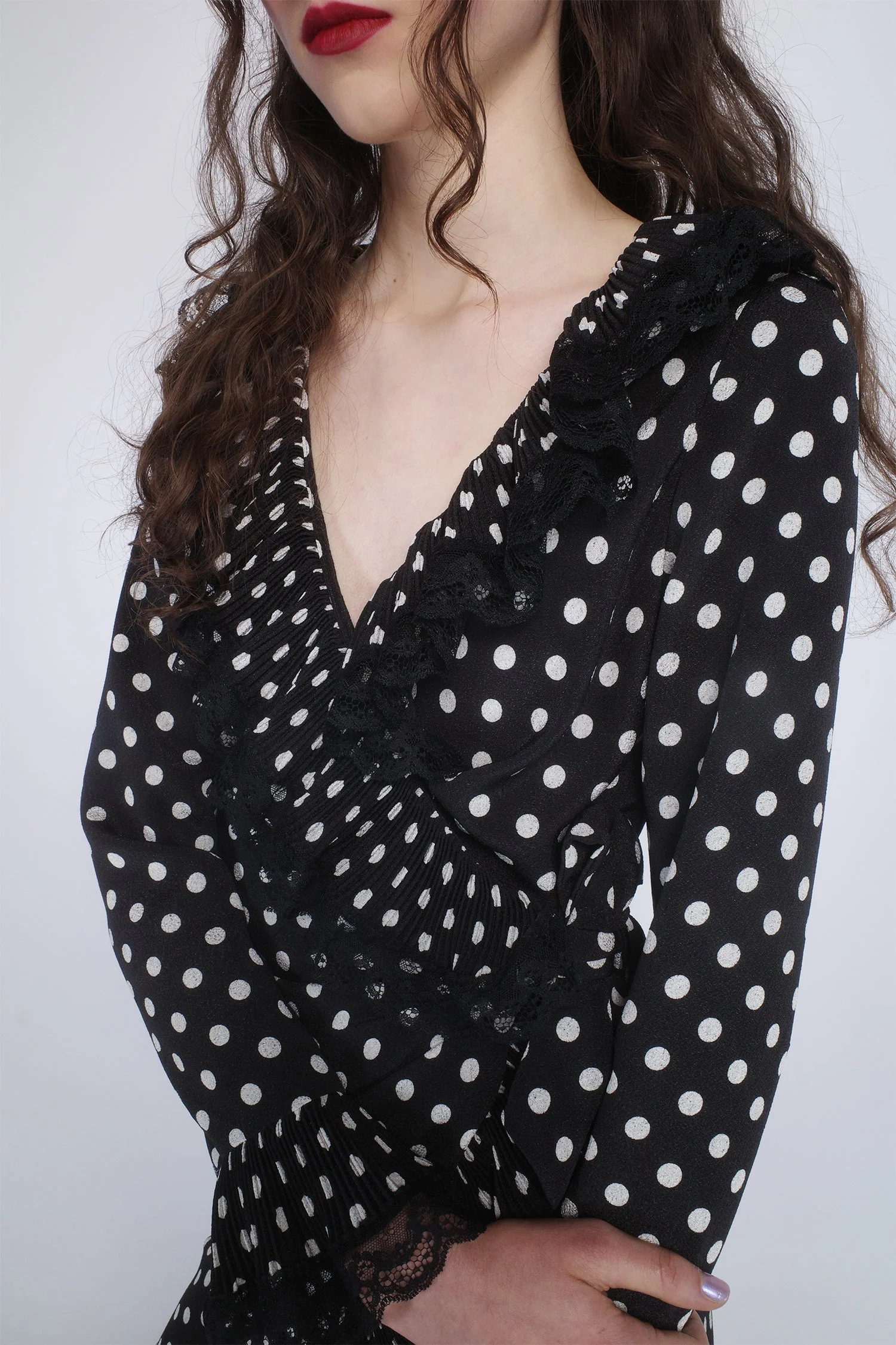 Polka Dot Pleated Wrap Dress - Image 5