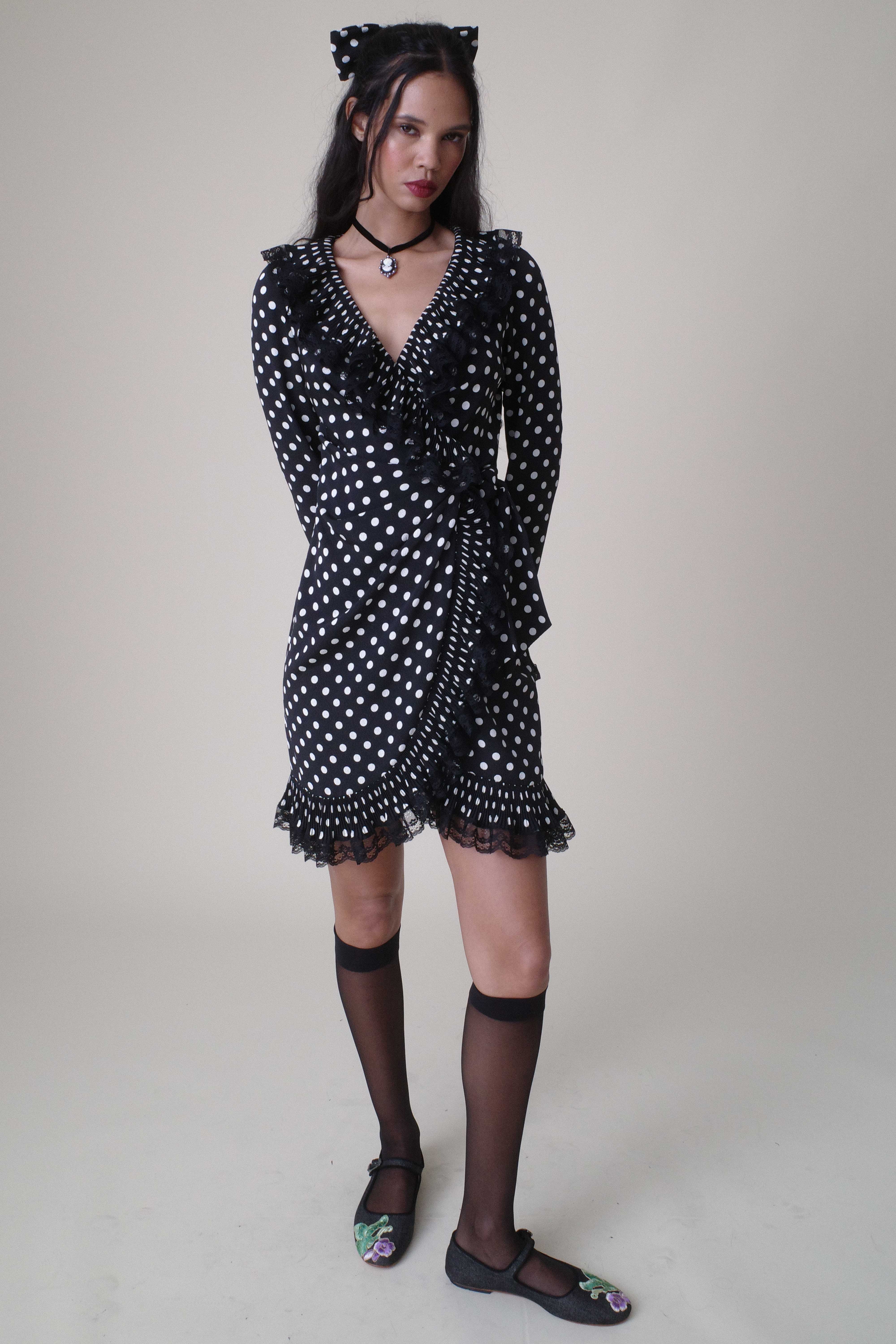 Polka Dot Pleated Wrap Dress - Image 7