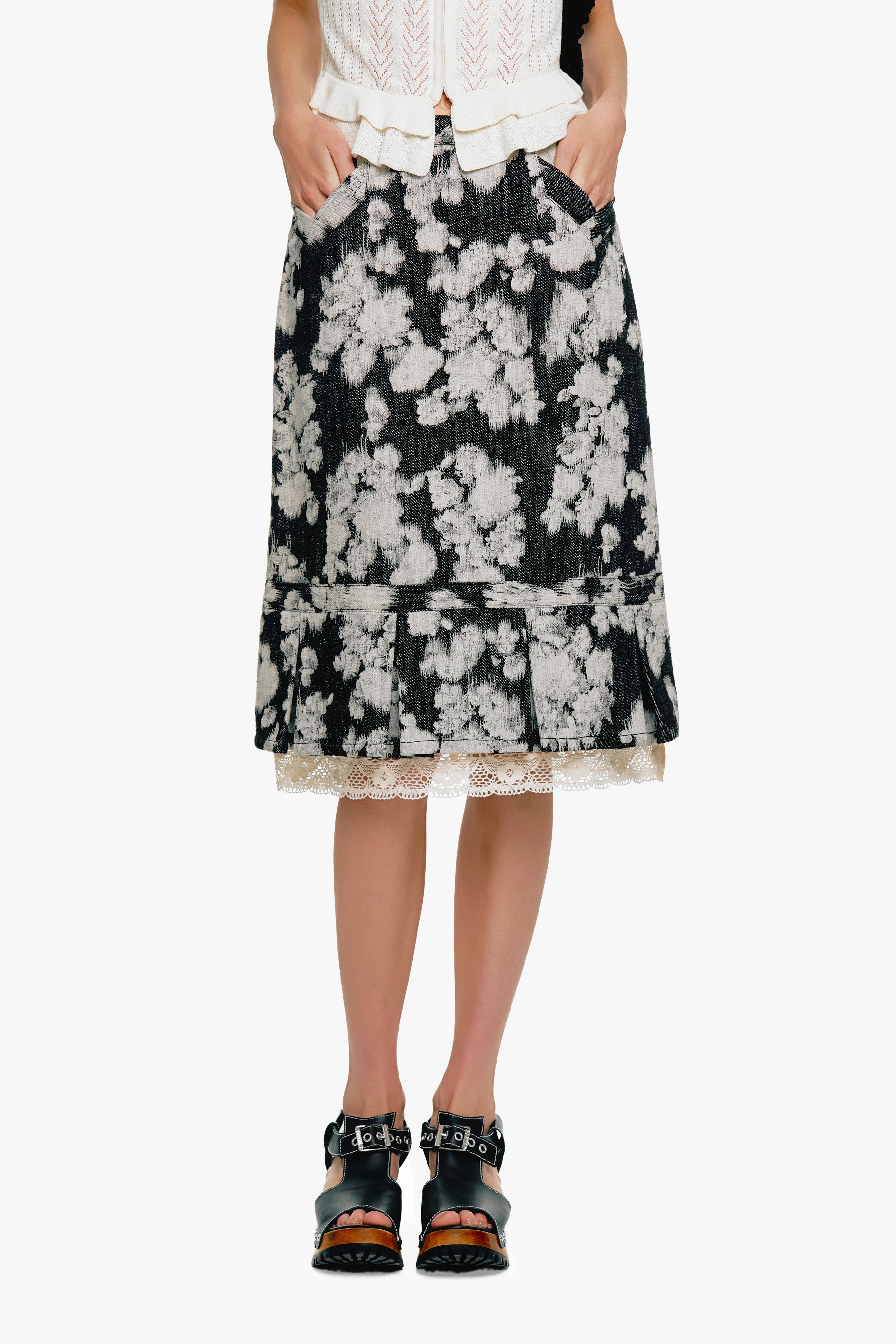 Rose Illusion Denim Lace Trimmed Skirt - Image 7