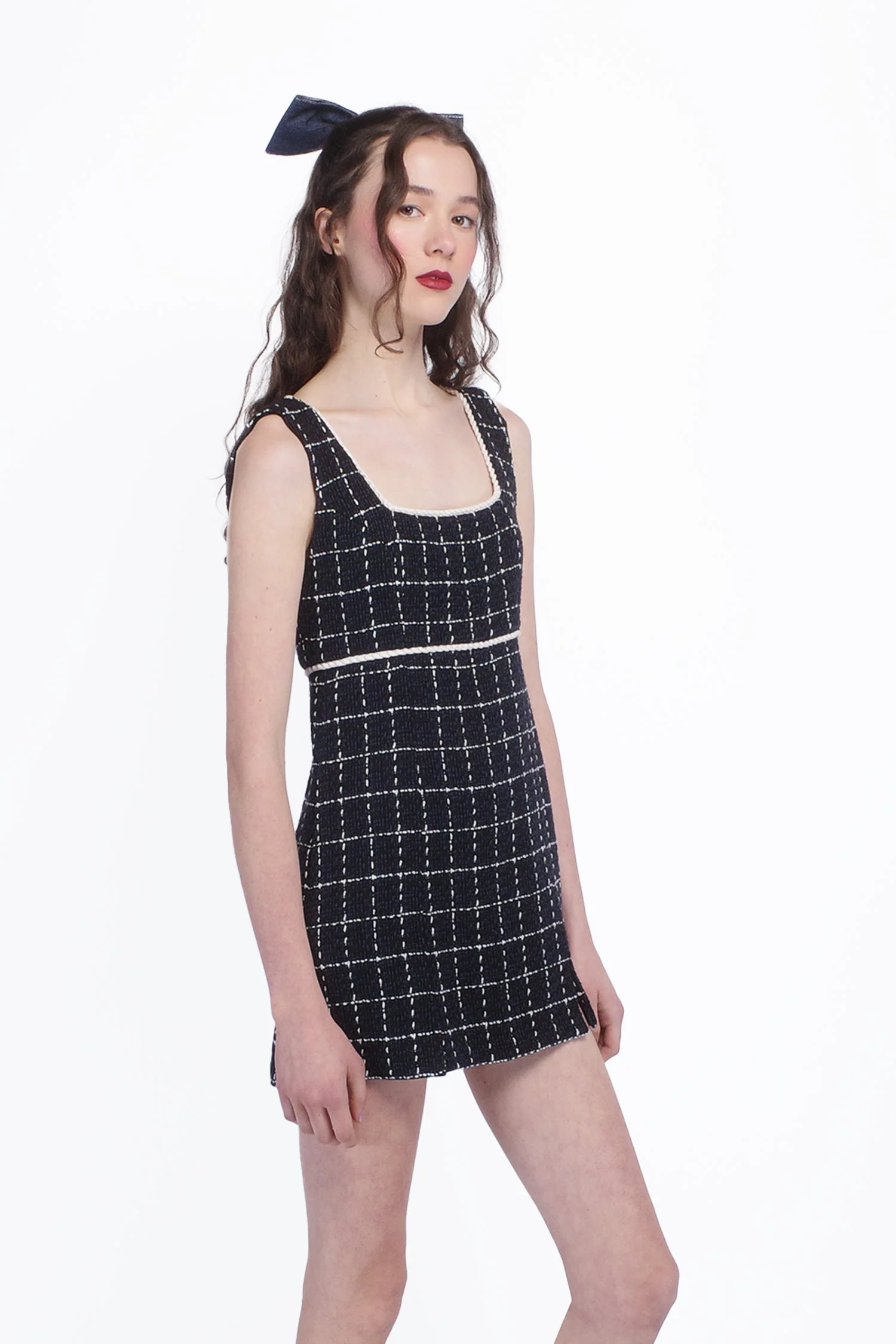 Windowpane Tweed Square Neck Mini Dress - Image 3