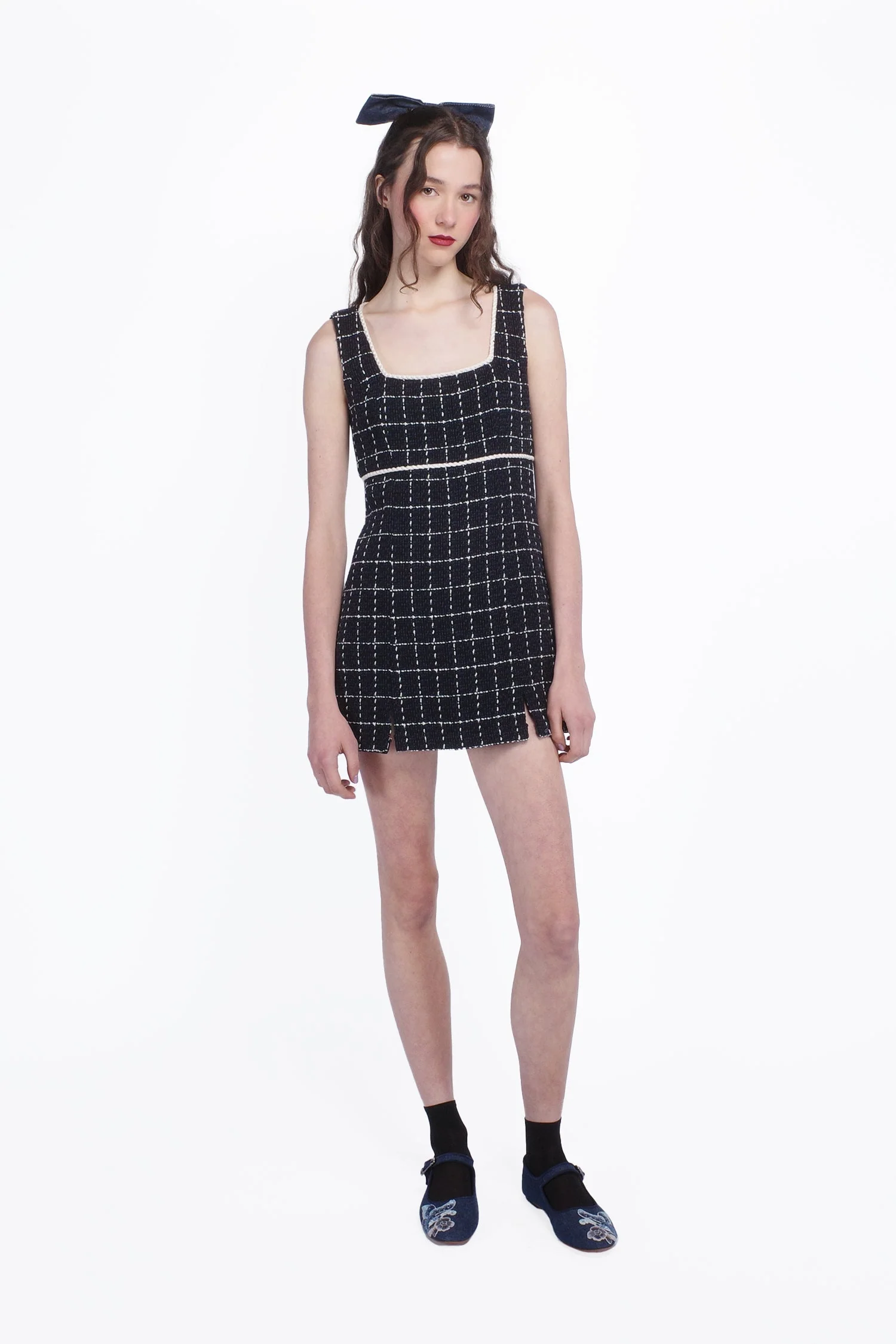 Windowpane Tweed Square Neck Mini Dress - Image 5