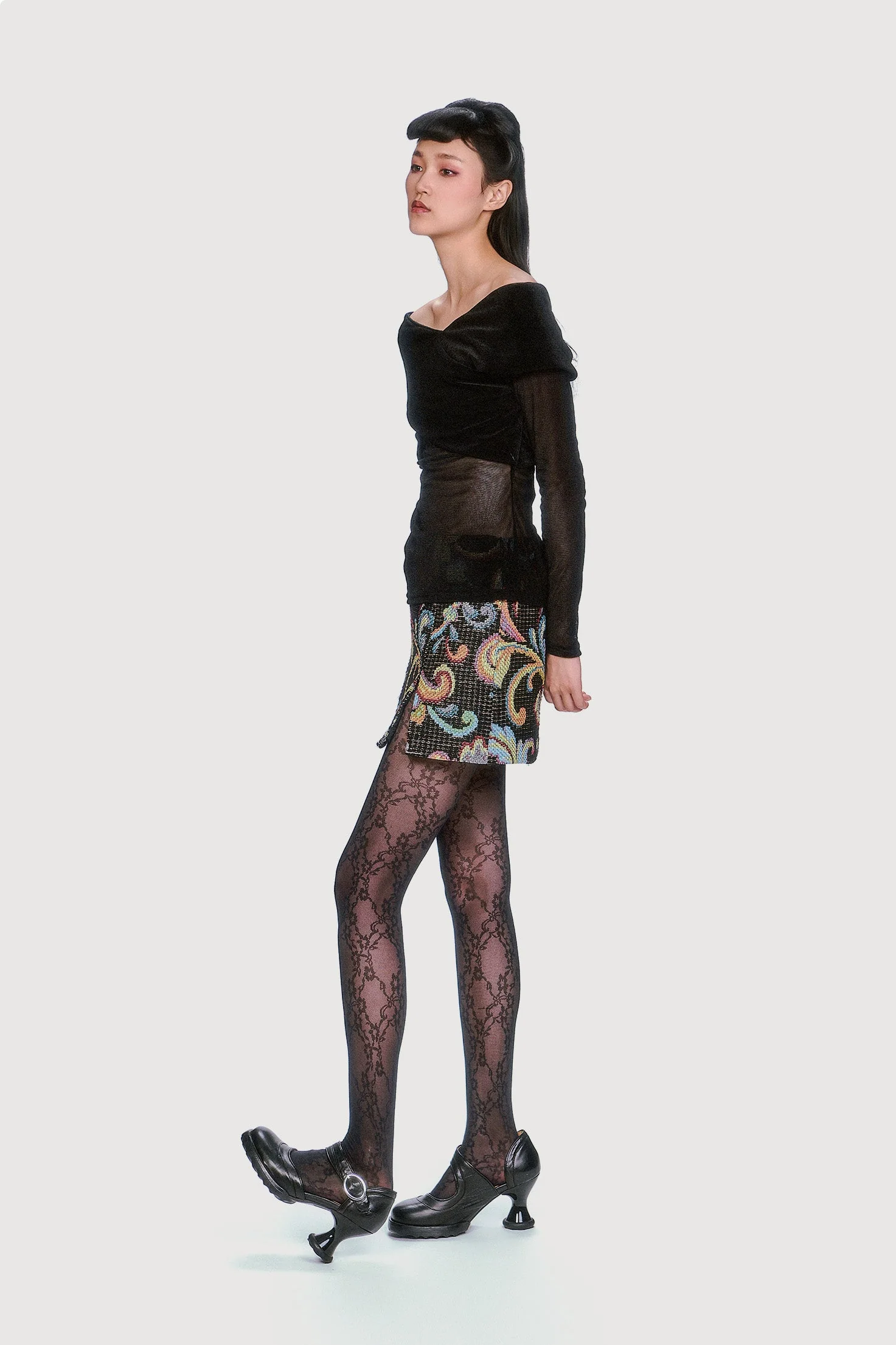Velvet Mesh Off the Shoulder Top - Black - Image 3