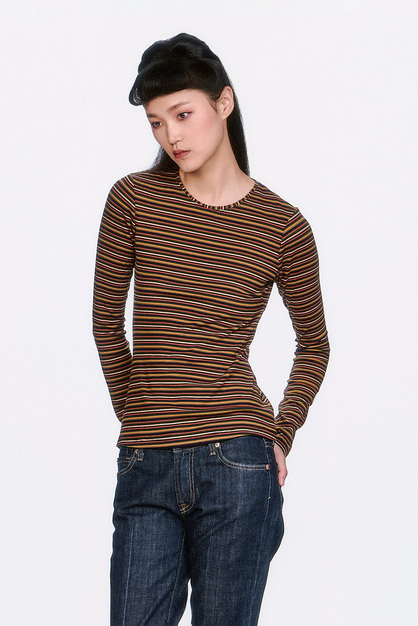 Venetian Stripe Long Sleeve Top - Caramel - Image 3