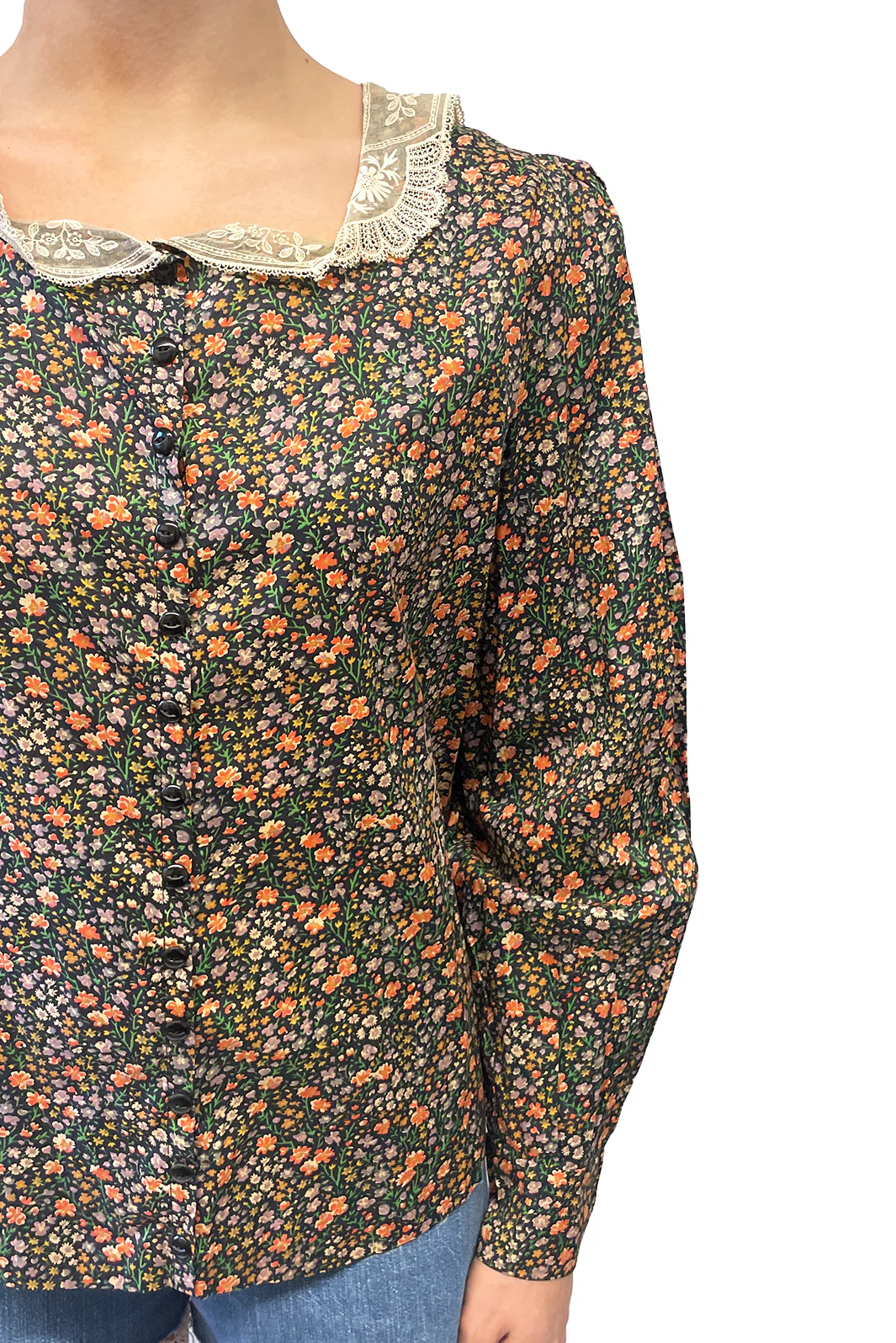 Vintage Lace Collared Floral Button Up Blouse - Image 4