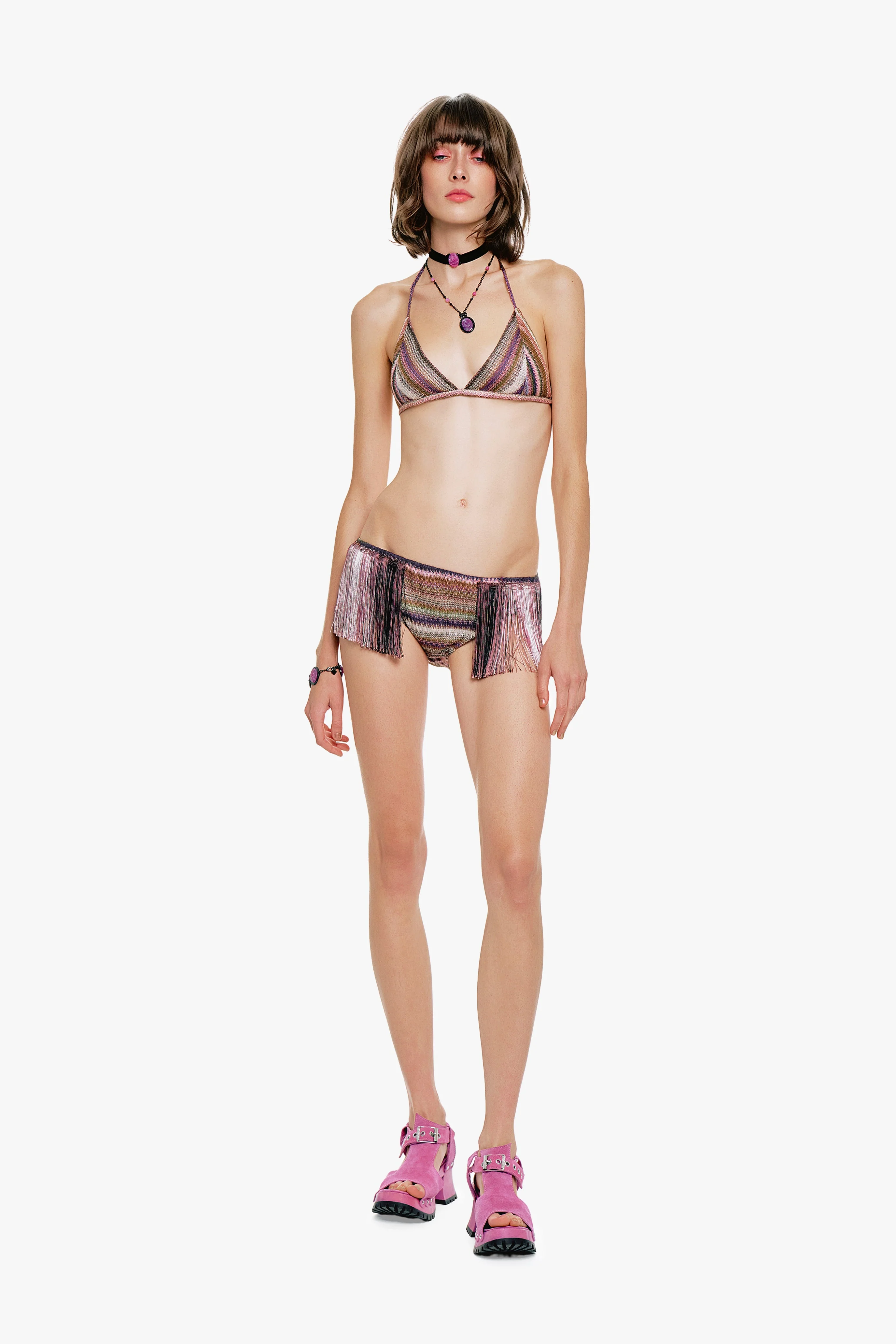 Wavy Chevron Knit Fringe Stripe Bikini Set